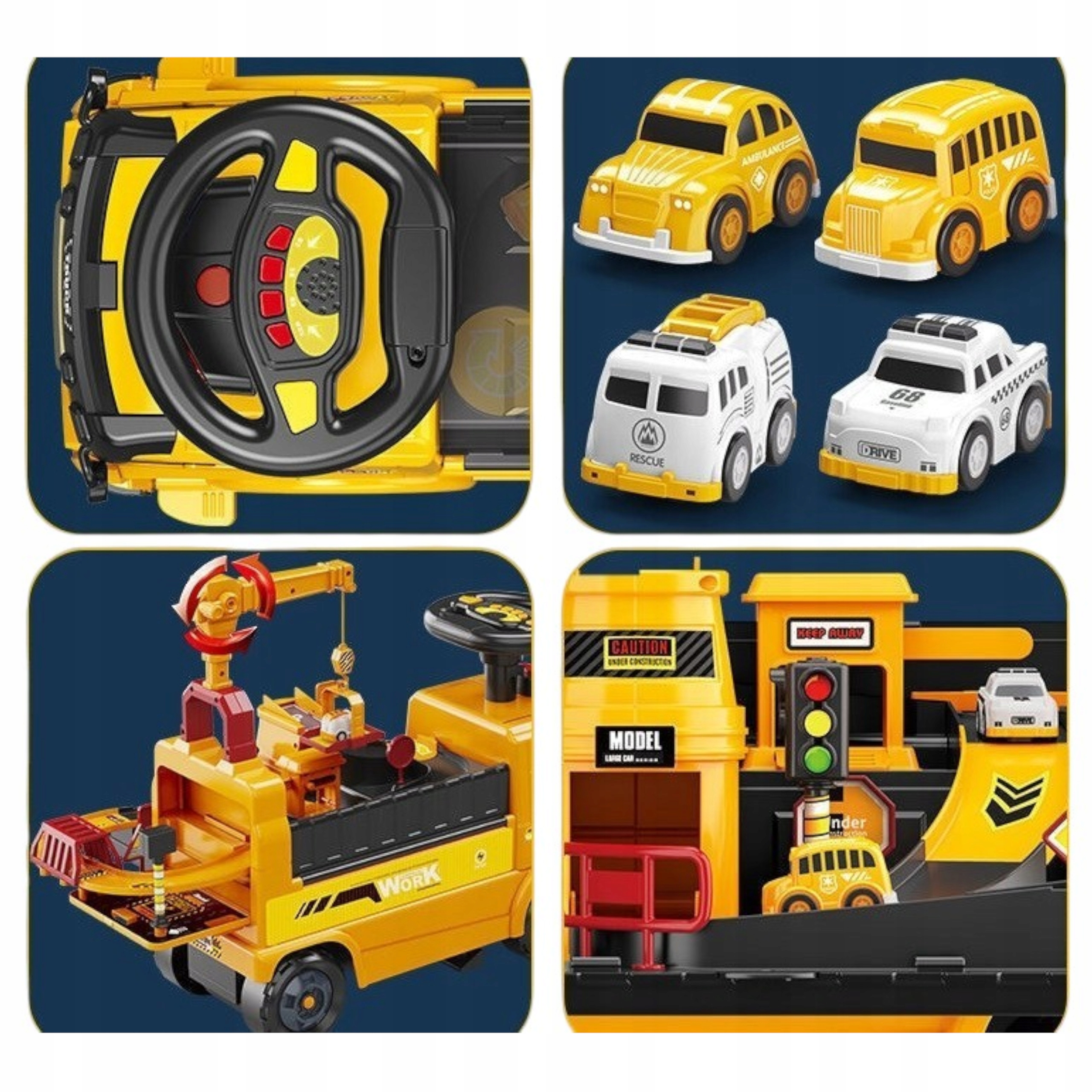 Jeździk 2w1pojazd budowlany + 4 autka rozkładany parking dźwig dźwięk ZH913