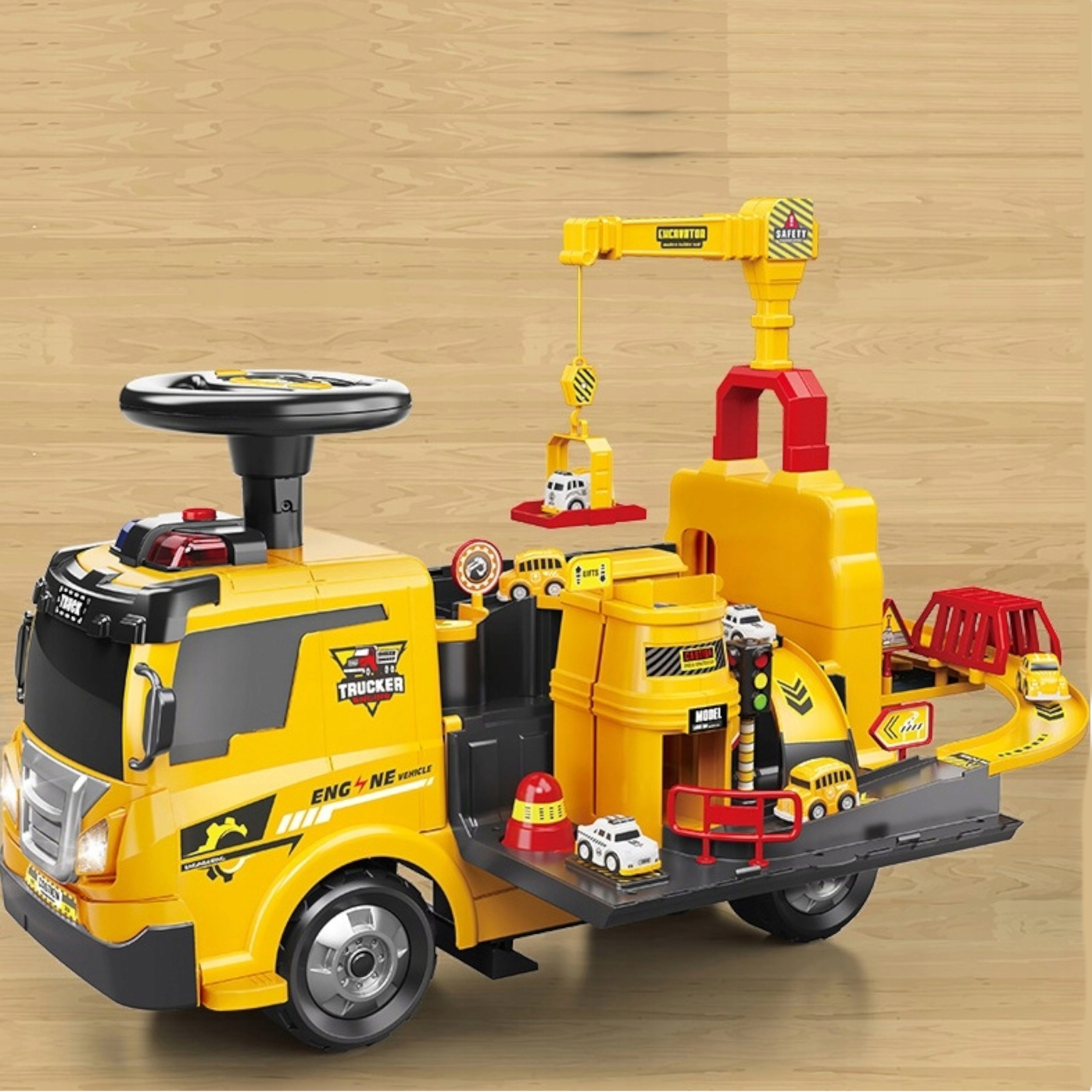 Jeździk 2w1pojazd budowlany + 4 autka rozkładany parking dźwig dźwięk ZH913