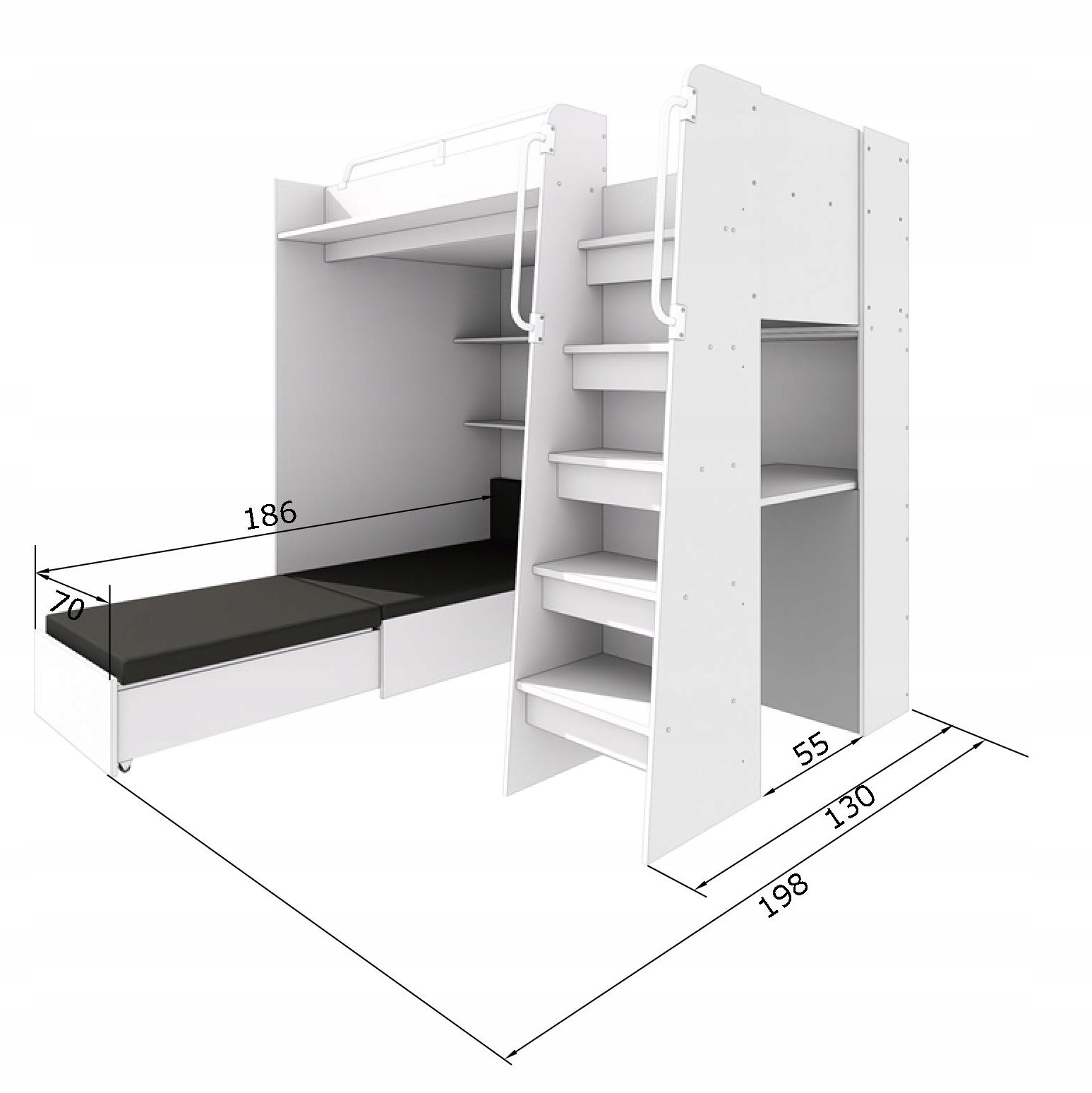 Łóżko piętrowe JSM7 90x200 z sofą i biurkiem fronty połysk fiolet
