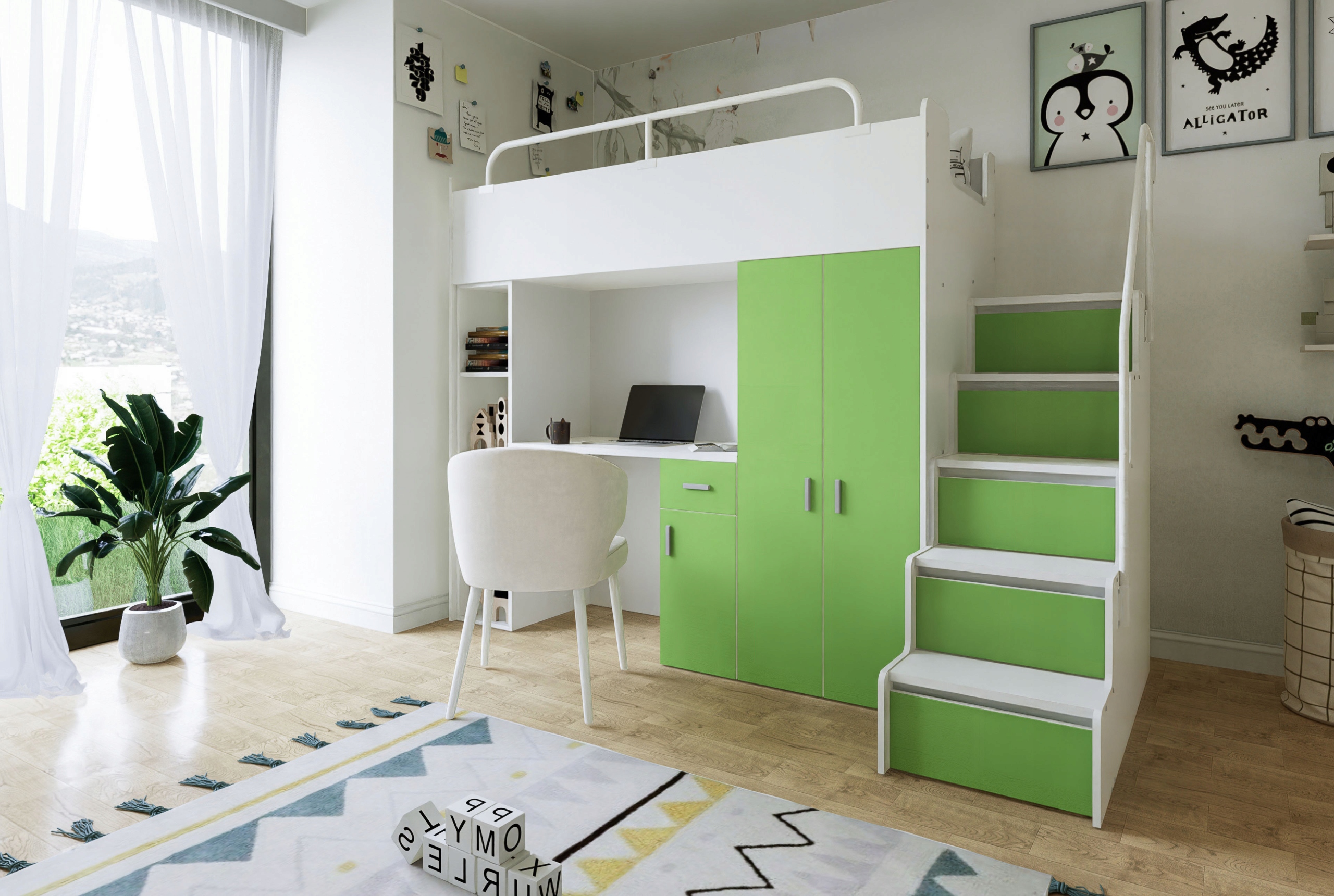 Łóżko piętrowe JSM4 80x190 z biurkiem pomarańcz + materac Radomenes