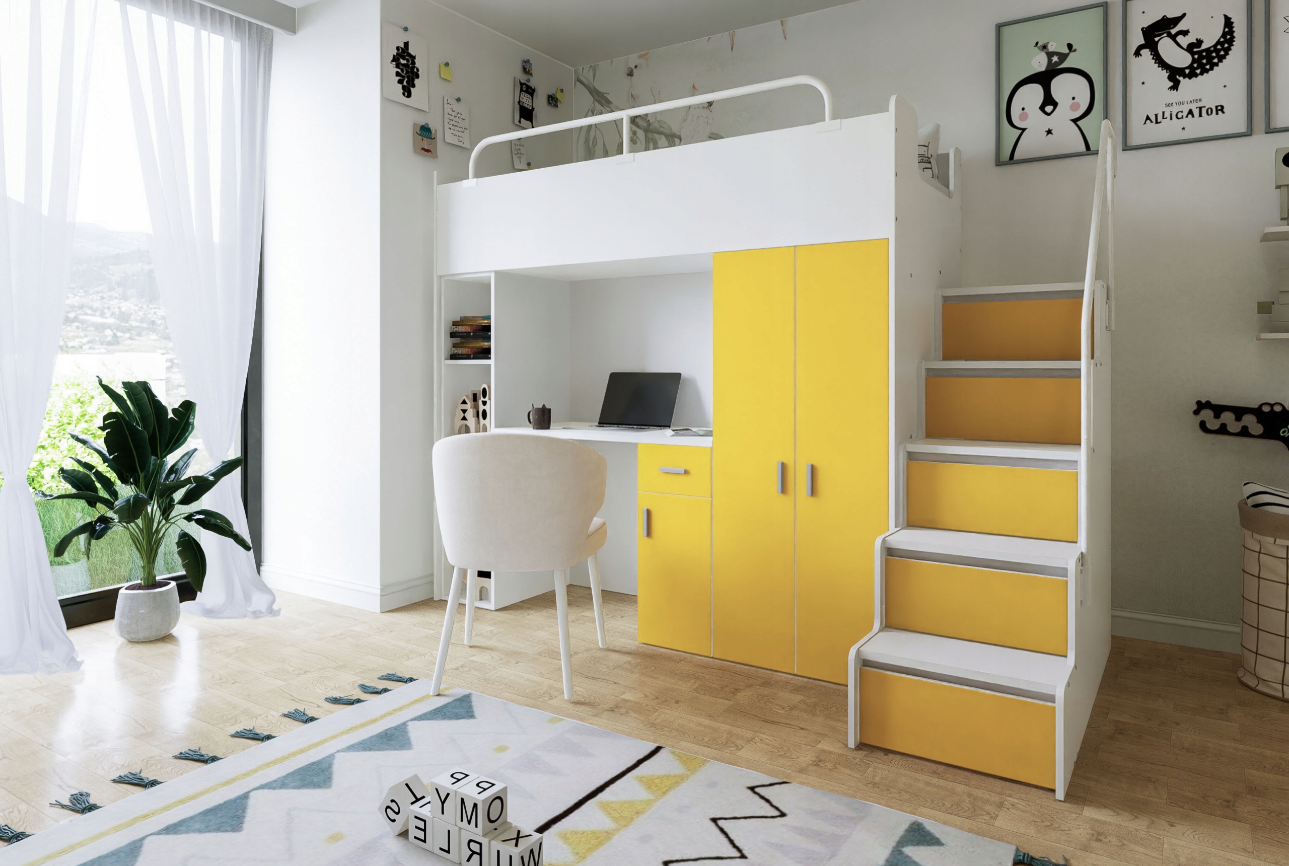 Łóżko piętrowe JSM4 z szafą i biurkiem pomarańczowy mat -materac K2