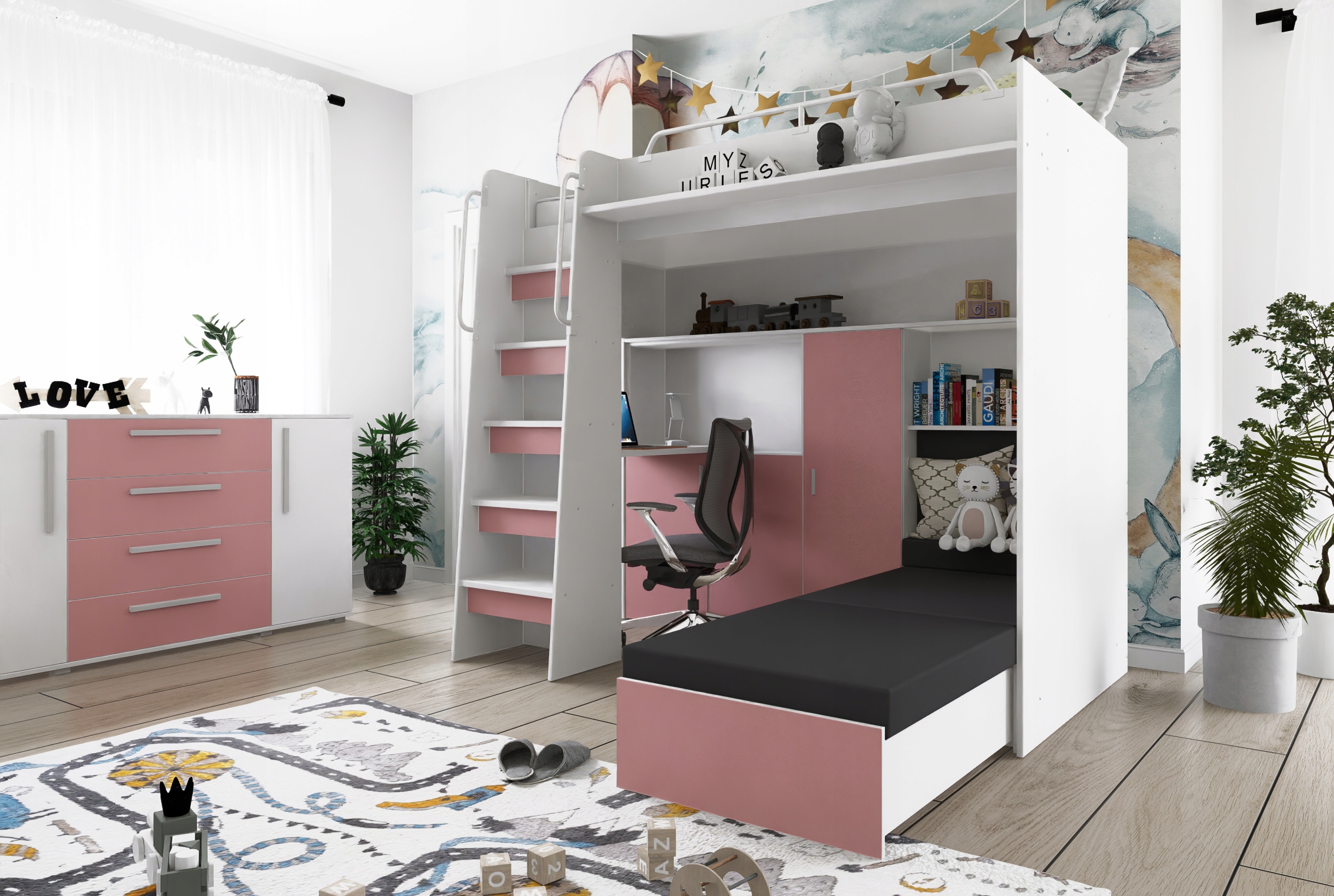 Łóżko piętrowe JSM7 z sofą i biurkiem biały mat + materac Radomenes