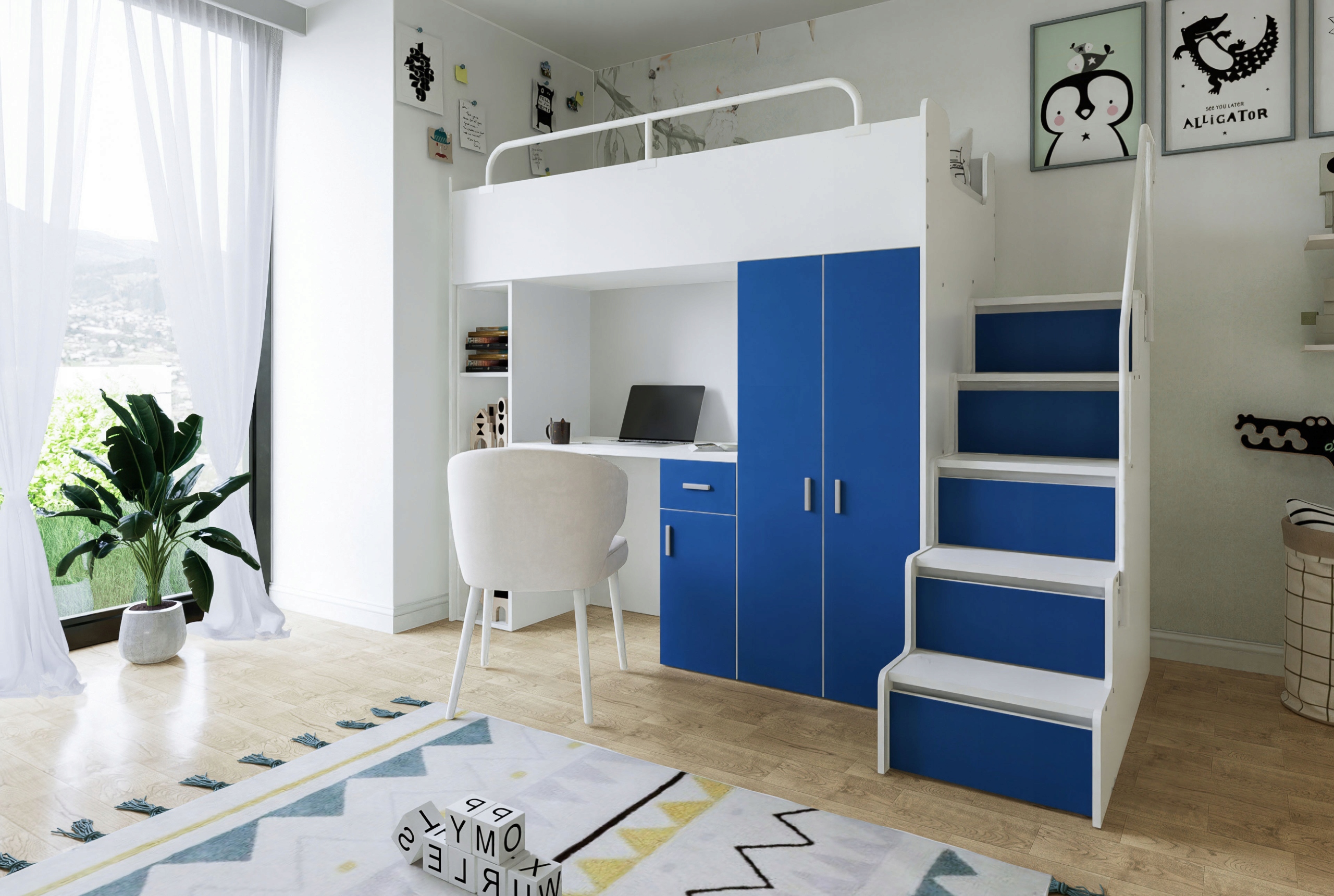 Łóżko piętrowe JSM4 80x190 z biurkiem pomarańcz + materac Cezar K1