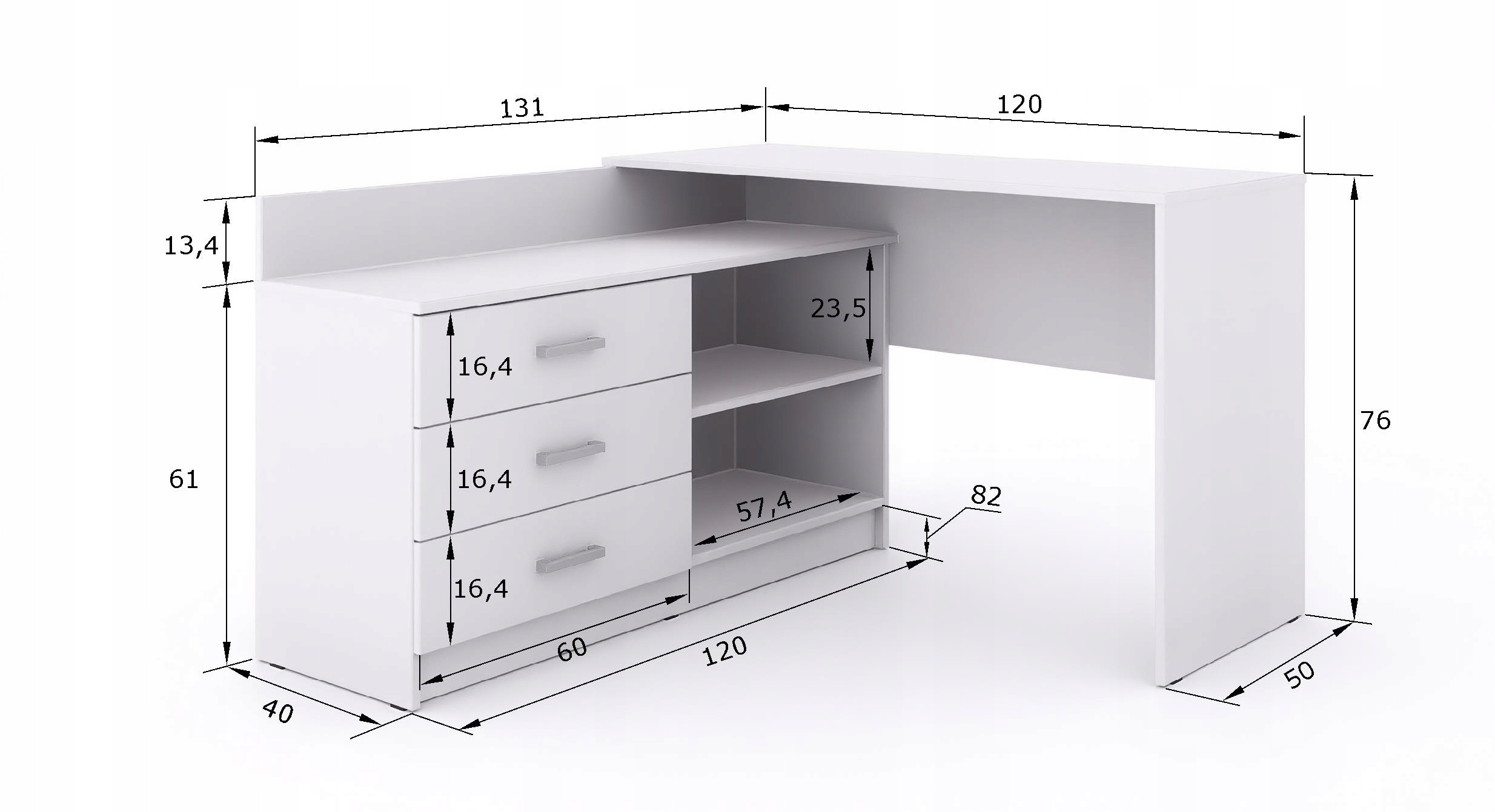 Funkcjonalne biurko narożne Omega w kształcie litery L - 3 szuflady