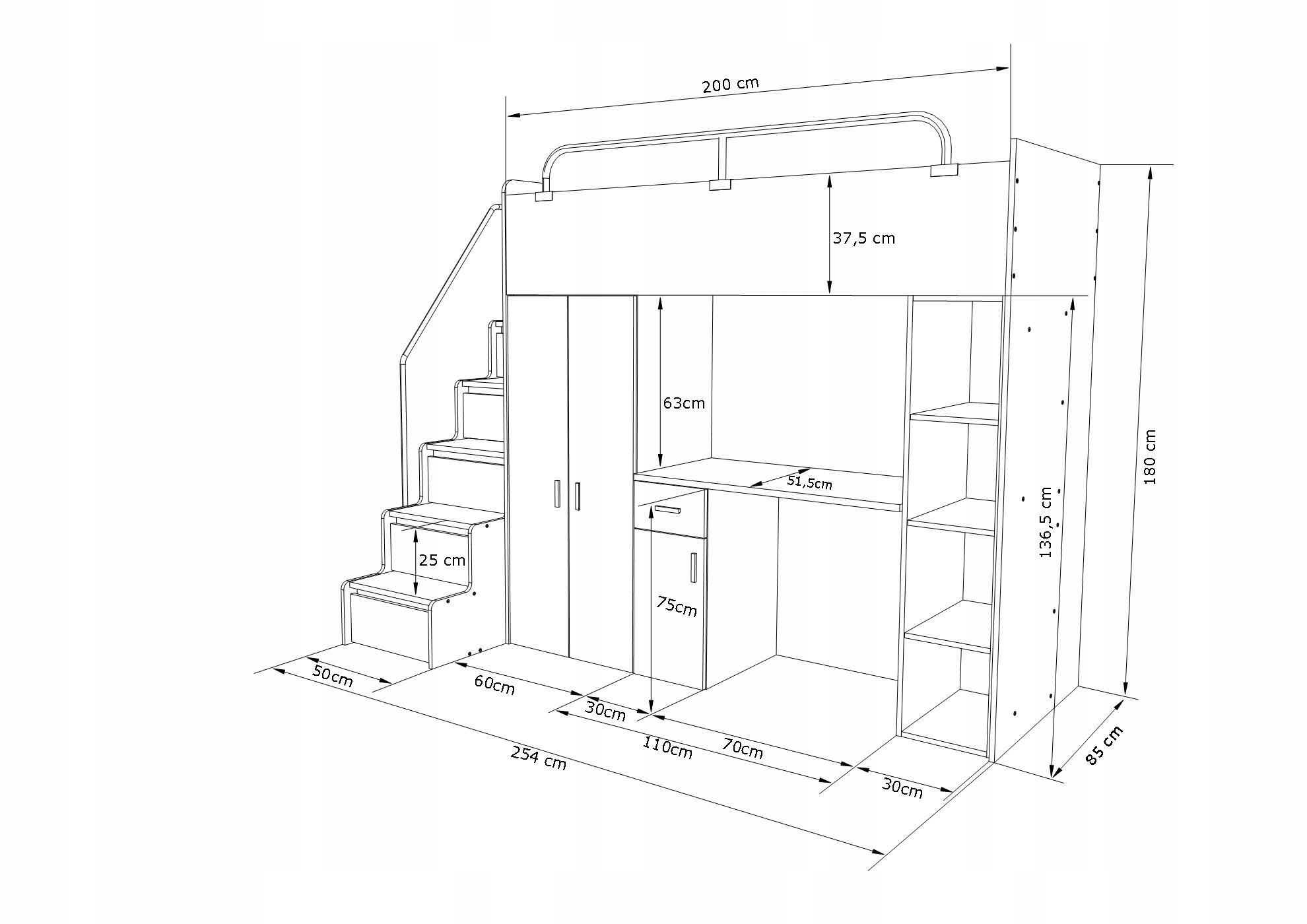 Łóżko piętrowe JSM4 z biurkiem 90x200 szary mat + materac Gratis!