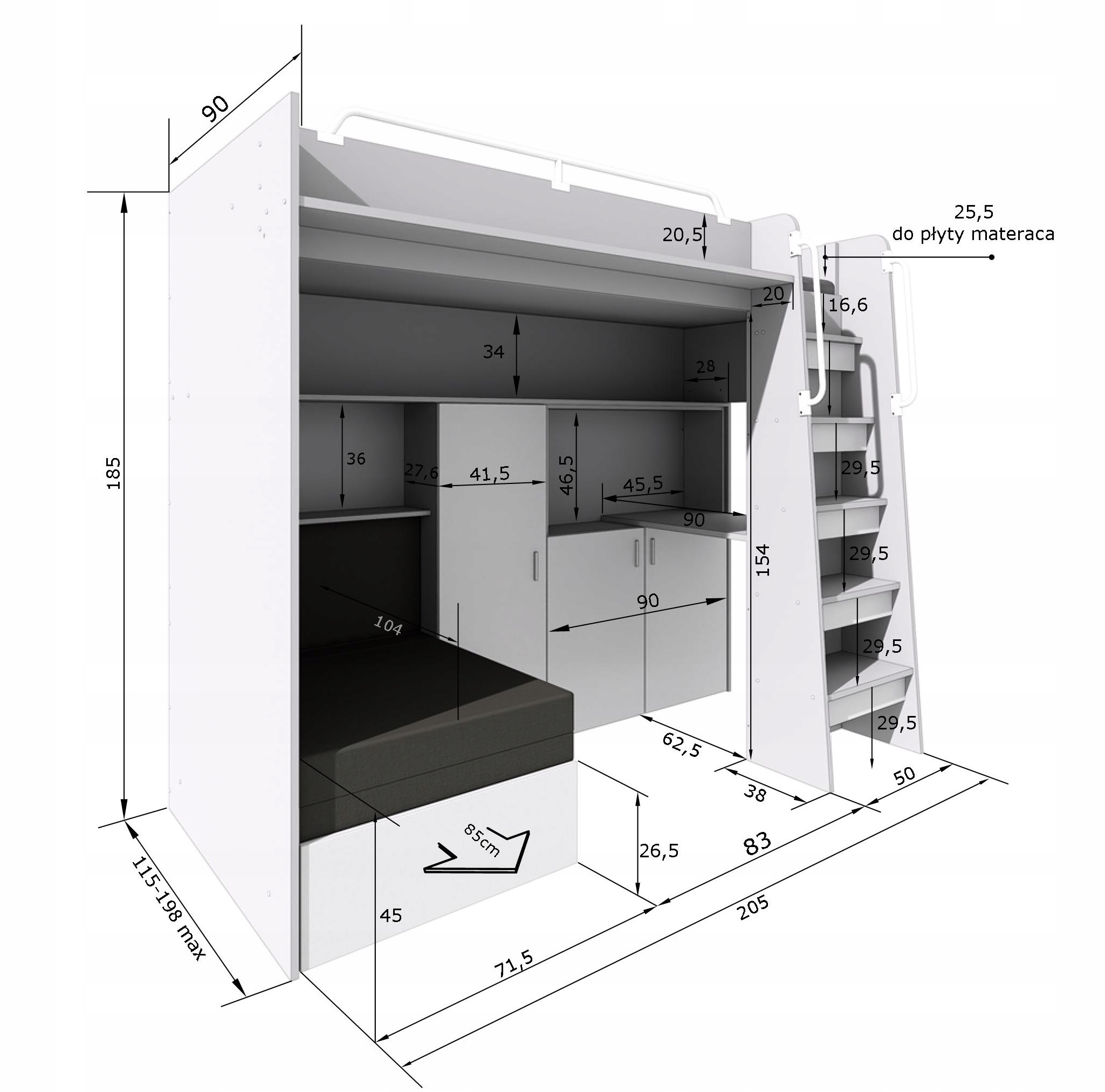 Łóżko piętrowe JSM7 z sofą i biurkiem biały mat + materac Cezar K1