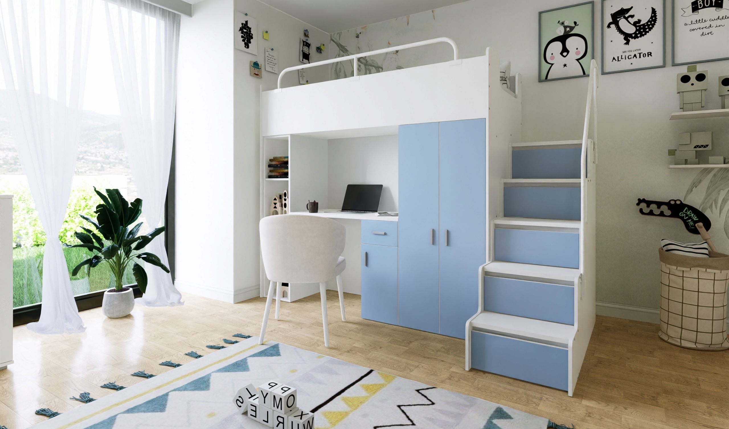 Łóżko piętrowe JSM4 80x190 z szafą i biurkiem pomarańcz +materac K2