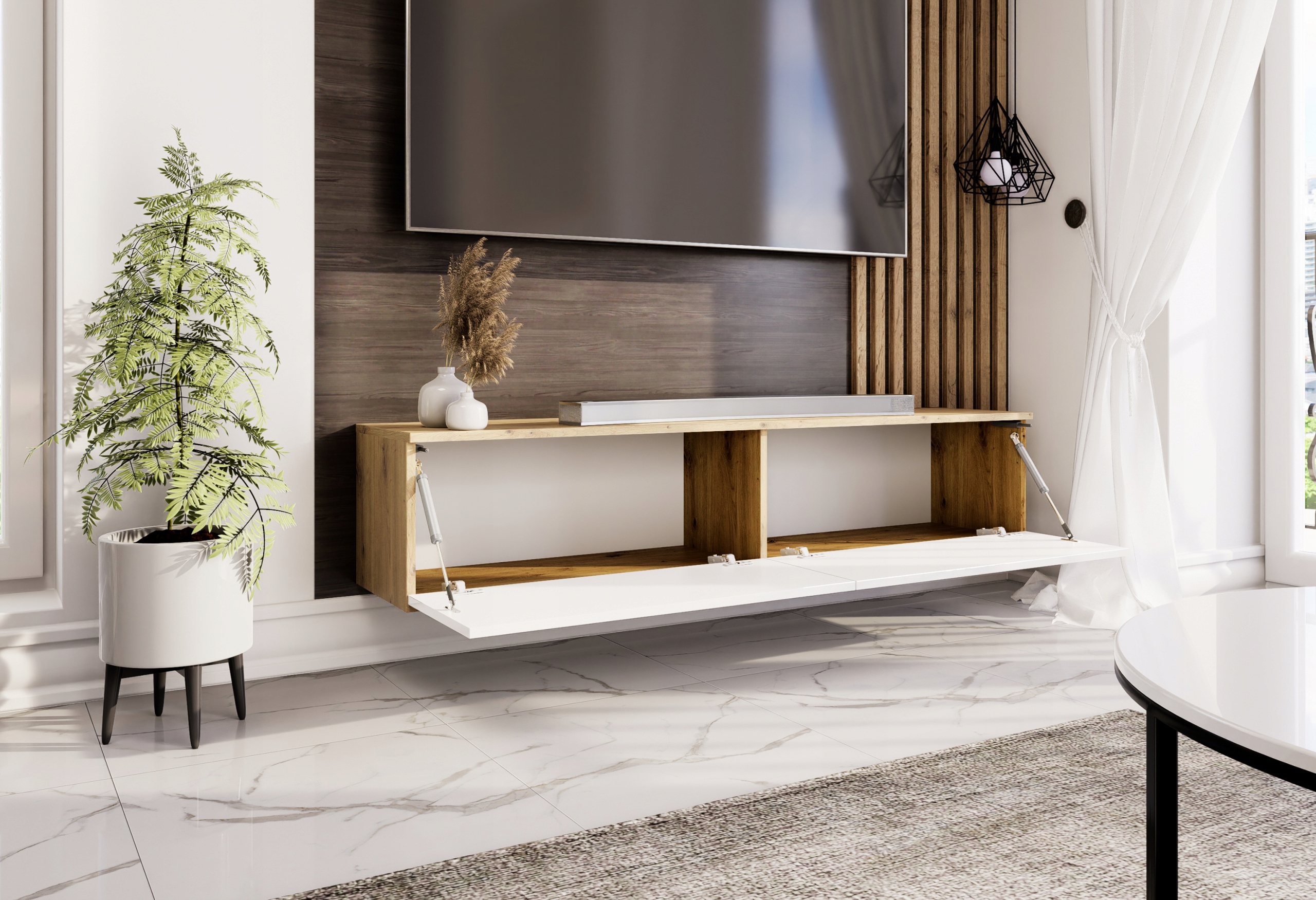 Wisząca szafka RTV 150cm biała/dąb artisan