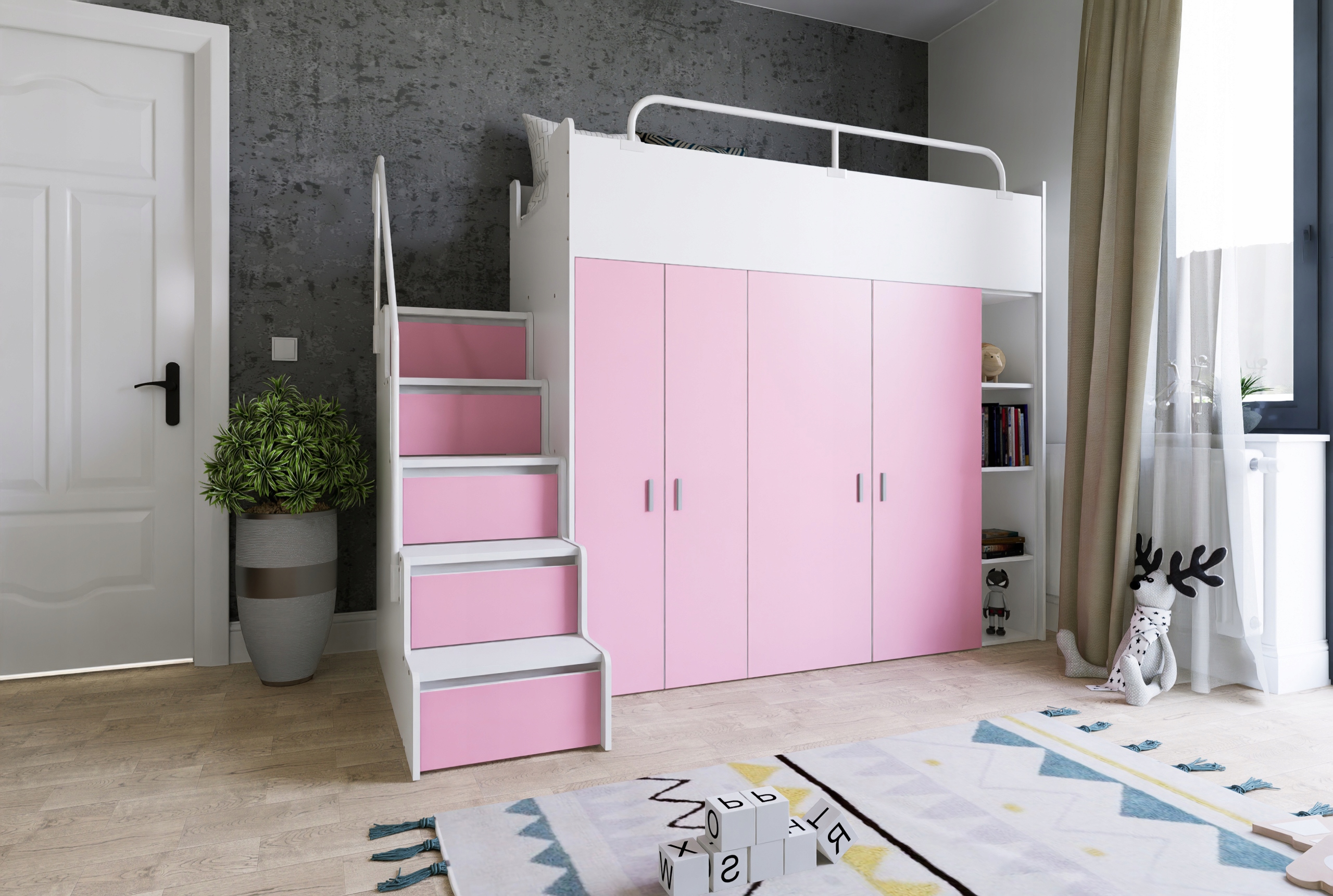 Łóżko piętrowe JSM2 90x200 + duża szafa i otwarty regał szary kolor