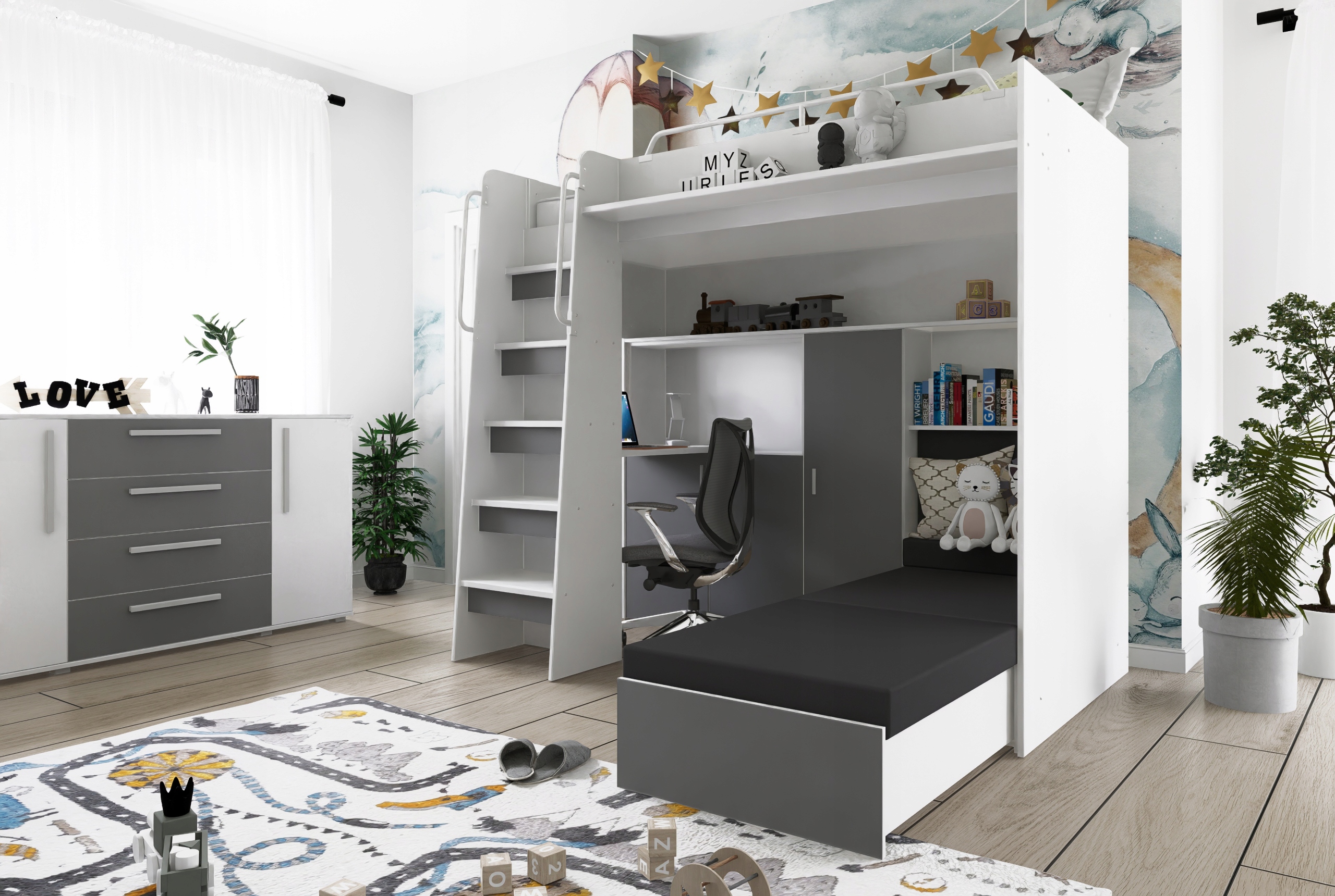 Łóżko piętrowe JSM7 z sofą i biurkiem biały mat
