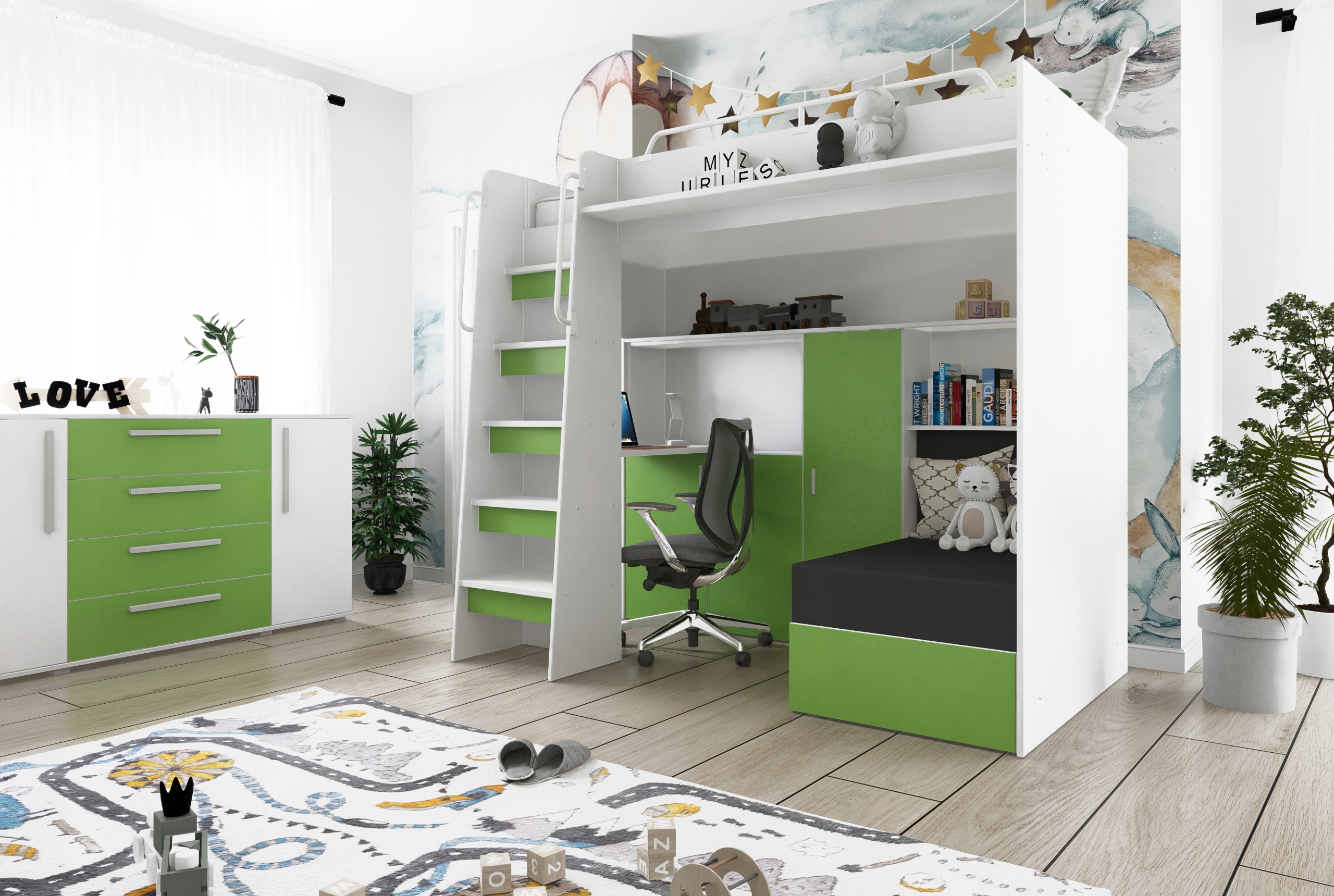 Łóżko piętrowe JSM7 z sofą i biurkiem biały mat