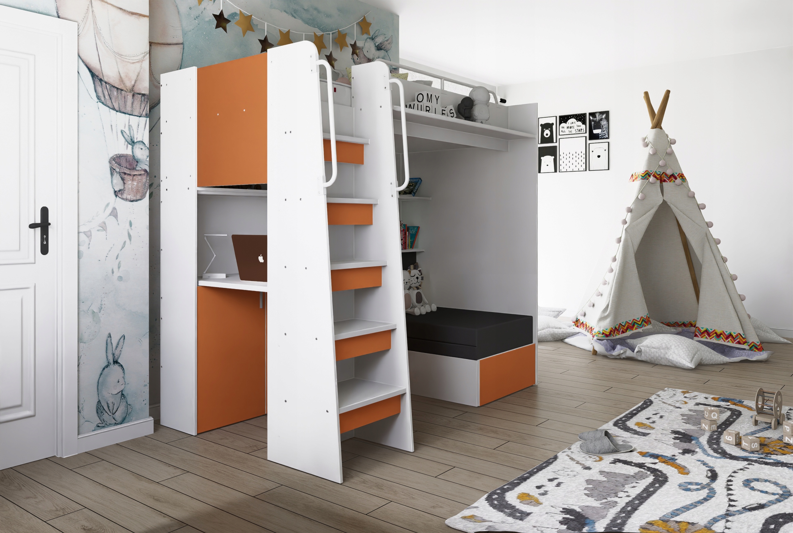 Łóżko piętrowe JSM7 z sofą i biurkiem biały mat + materac Cezar K1