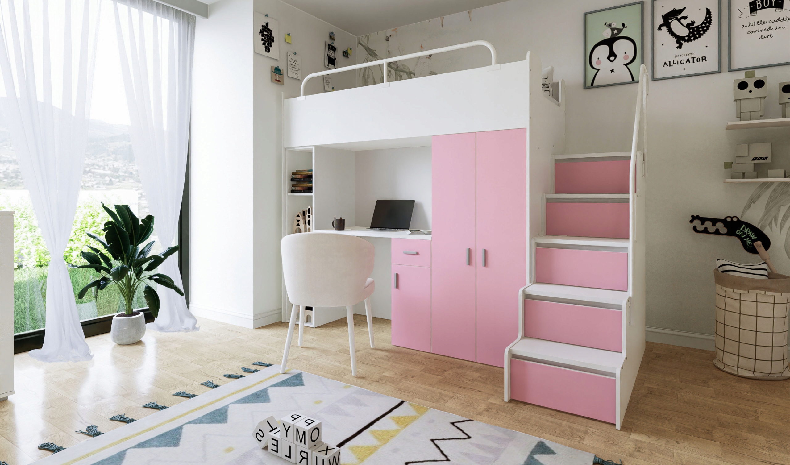 Łóżko piętrowe JSM4 z biurkiem 90x200 szary mat + materac Gratis!