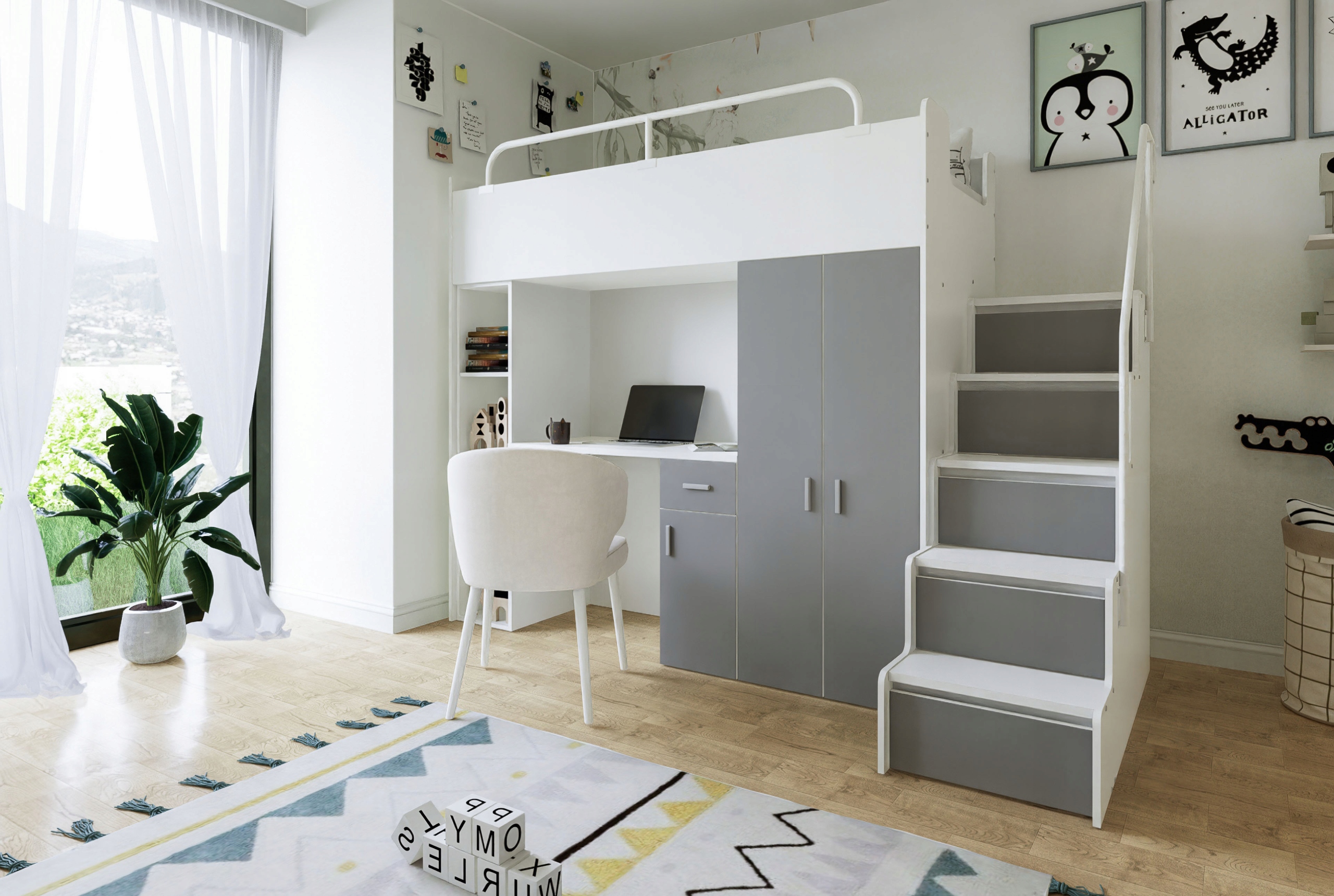 Łóżko piętrowe JSM4 80x190 z biurkiem i schodami pomarańczowy mat