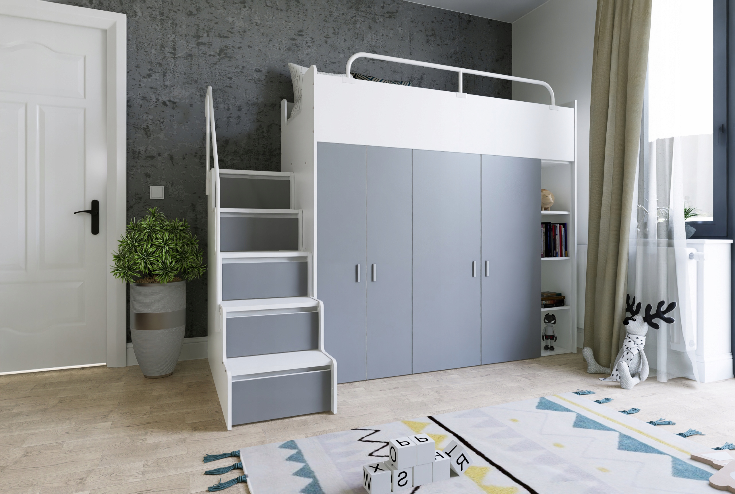 Łóżko piętrowe JSM2 90x200 + duża szafa i otwarty regał szary kolor