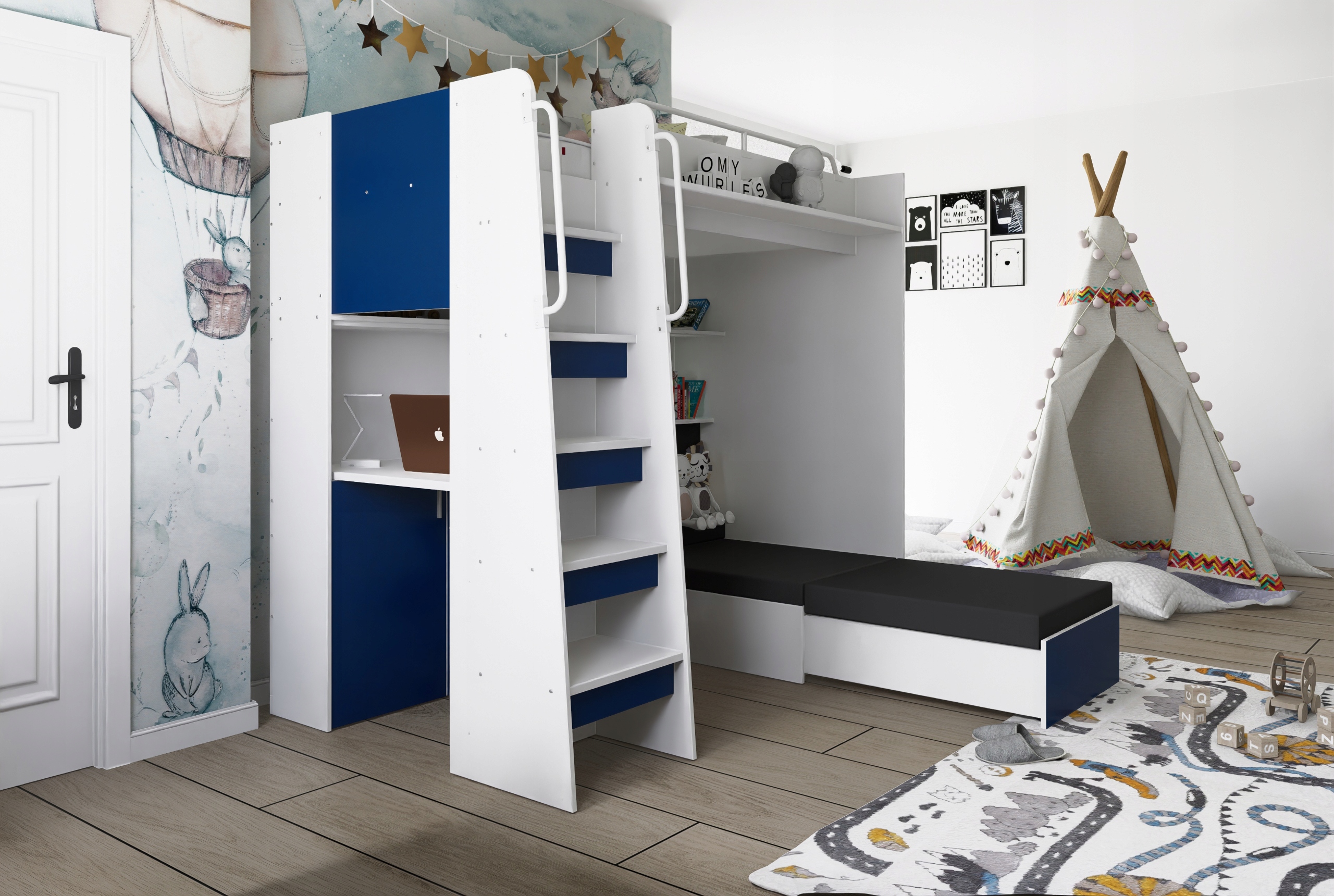 Łóżko piętrowe JSM7 z sofą i biurkiem biały mat + materac Cezar K1