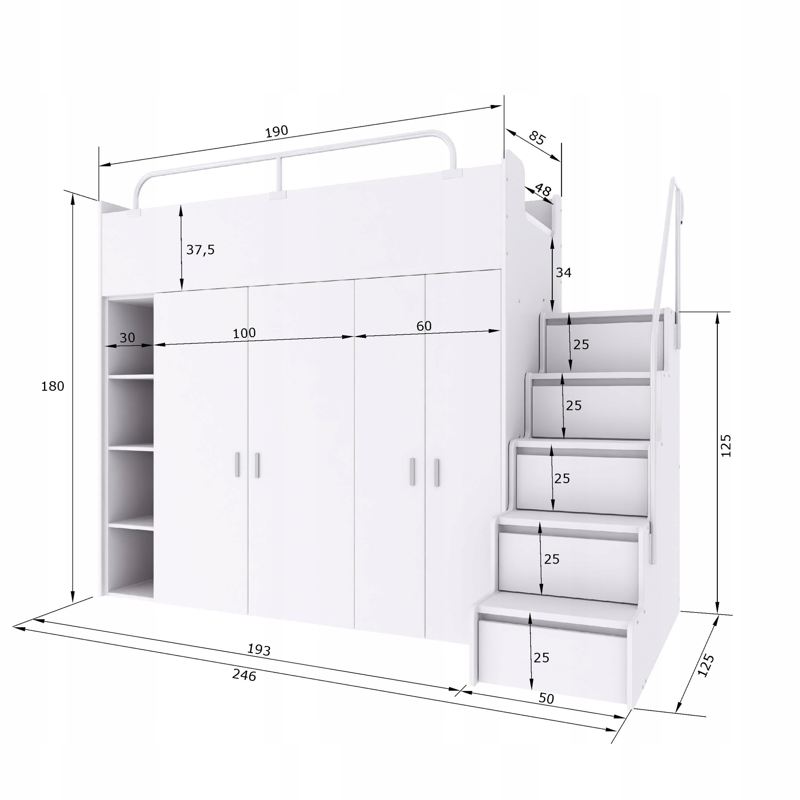 Łóżko piętrowe JSM2 90x200 + duża szafa i otwarty regał szary kolor