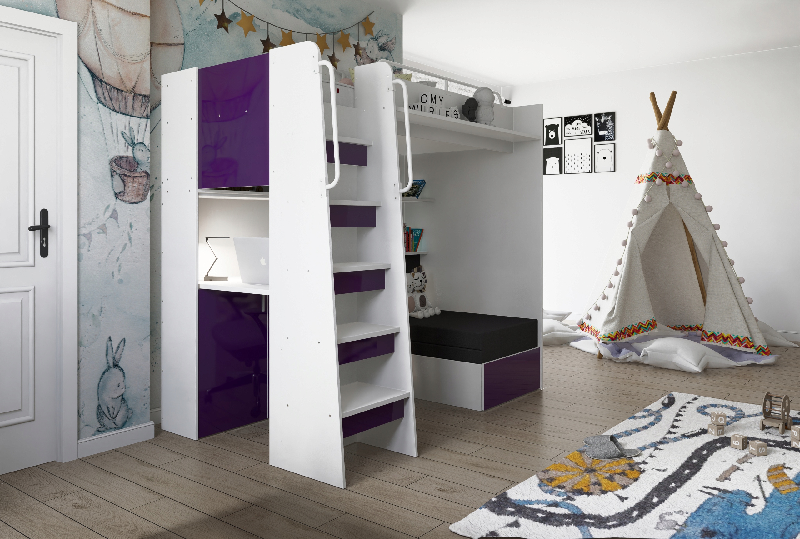 Łóżko piętrowe JSM7 90x200 z sofą i biurkiem fronty połysk fiolet