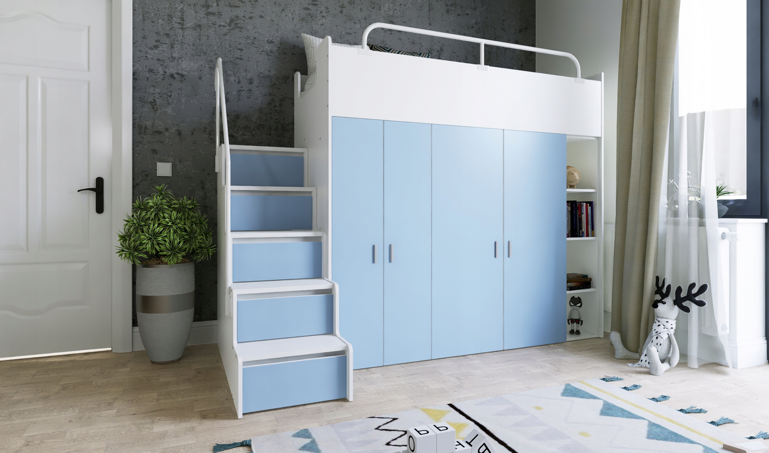 Łóżko piętrowe JSM2 90x200 + duża szafa i otwarty regał szary kolor