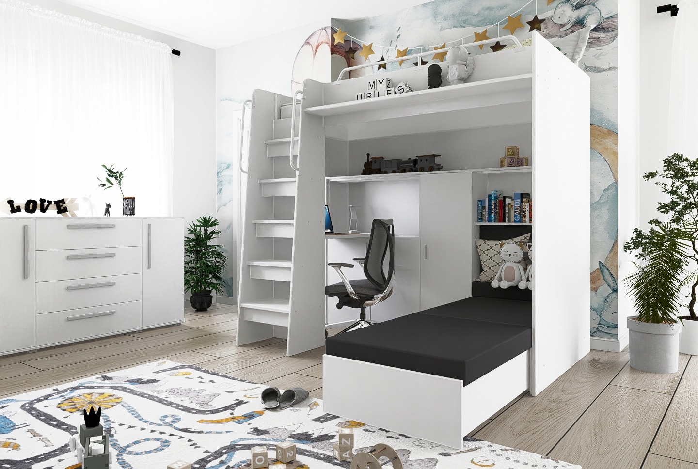 Łóżko piętrowe JSM7 z sofą i biurkiem biały mat + materac Cezar K1