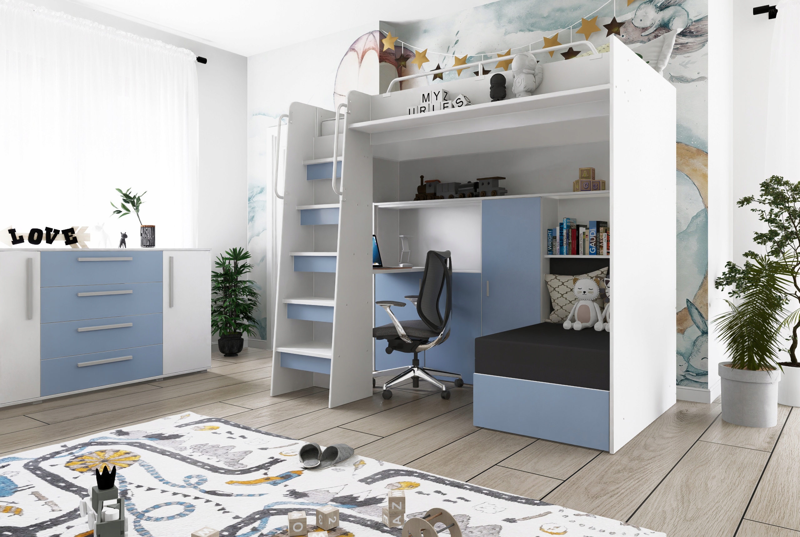 Łóżko piętrowe JSM7 z sofą i biurkiem granatowe + materac Elena