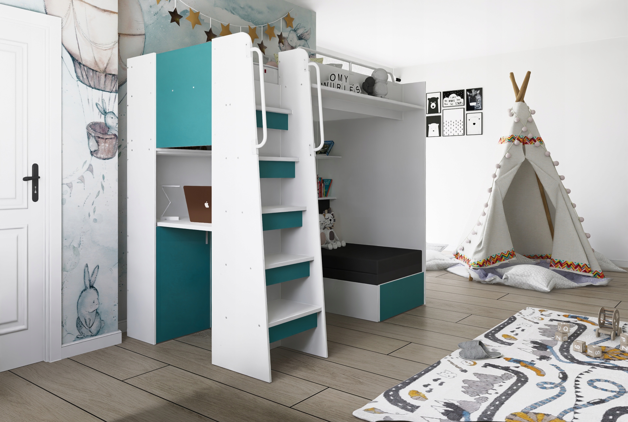 Łóżko piętrowe JSM7 z sofą i biurkiem biały mat + materac Cezar K1