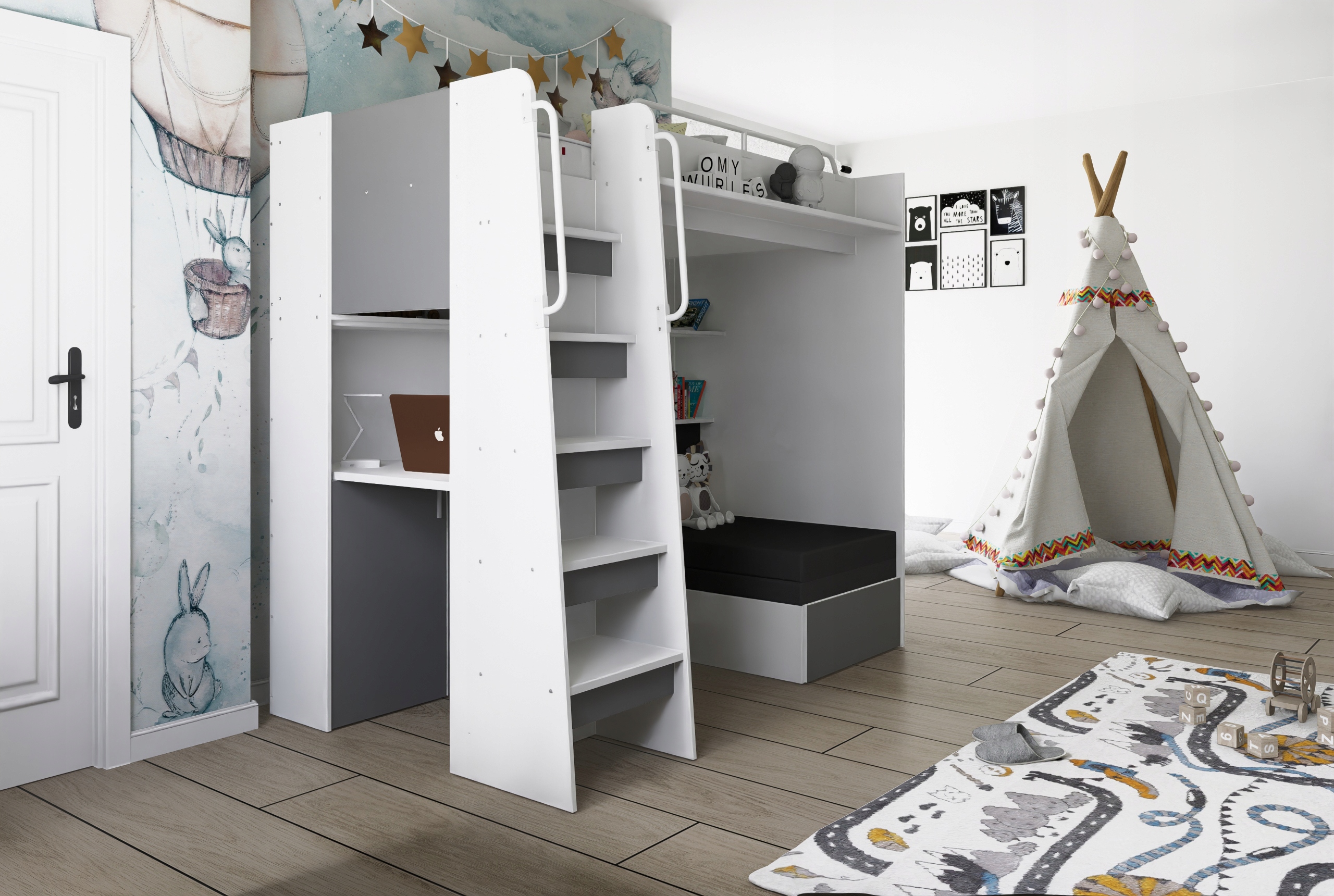 Łóżko piętrowe JSM7 z sofą i biurkiem biały mat + materac Gratis!