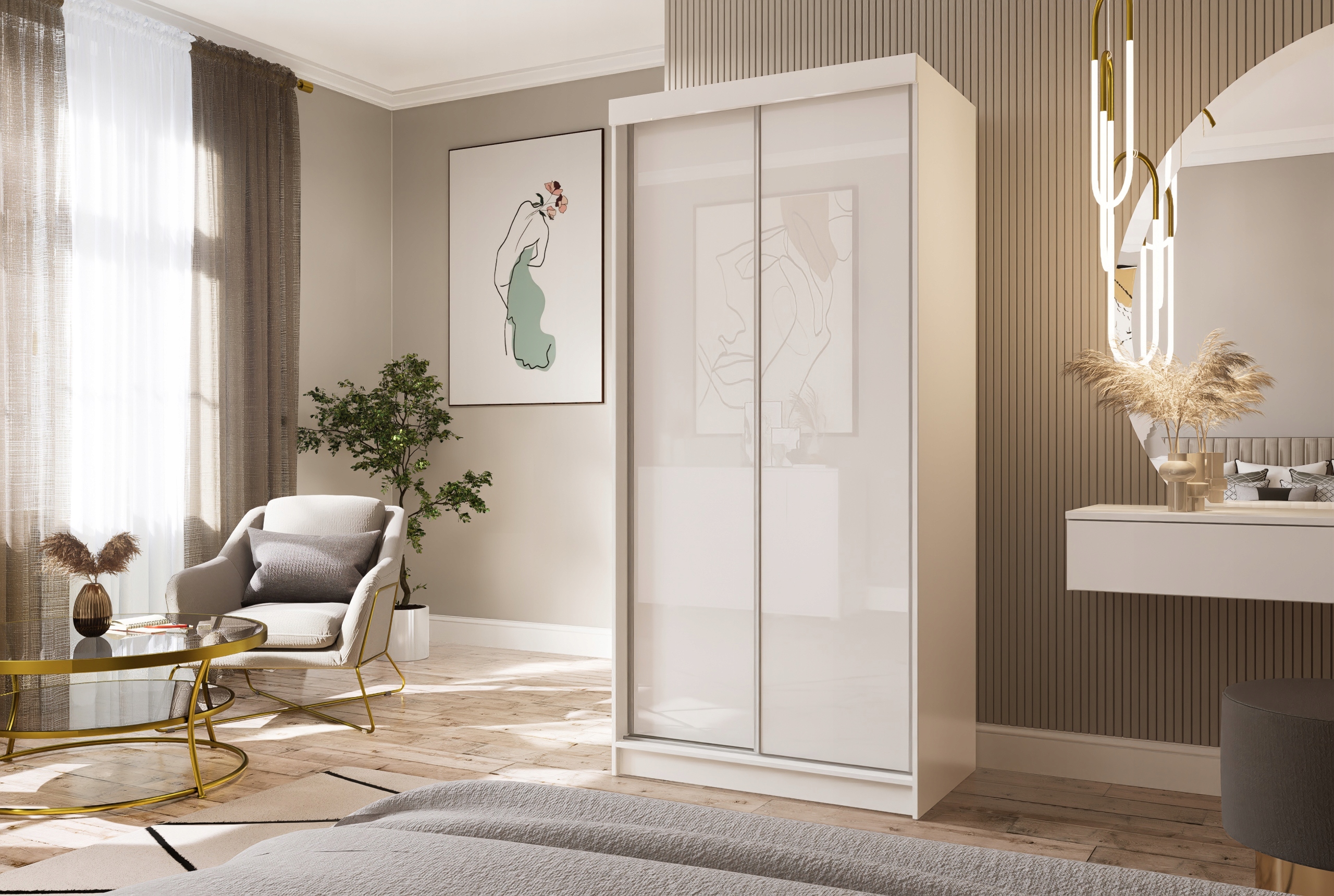 Szafa przesuwna dwudrzwiowa PARIS 100 cm biały połysk + lustro