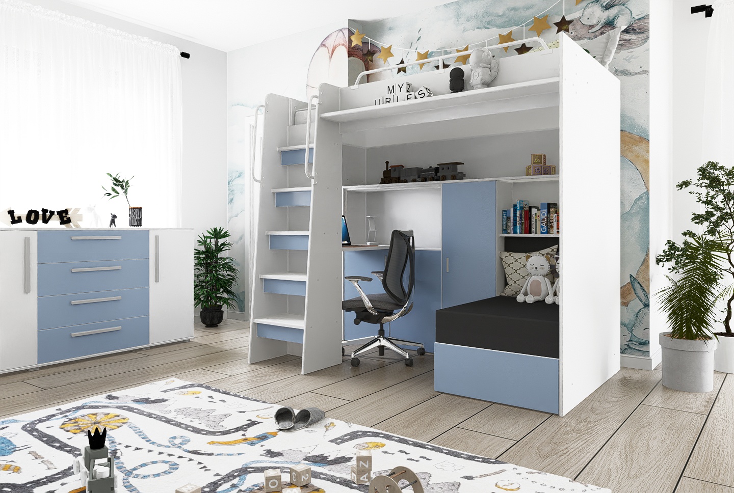 Łóżko piętrowe JSM7 z sofą i biurkiem biały mat + materac Radomenes