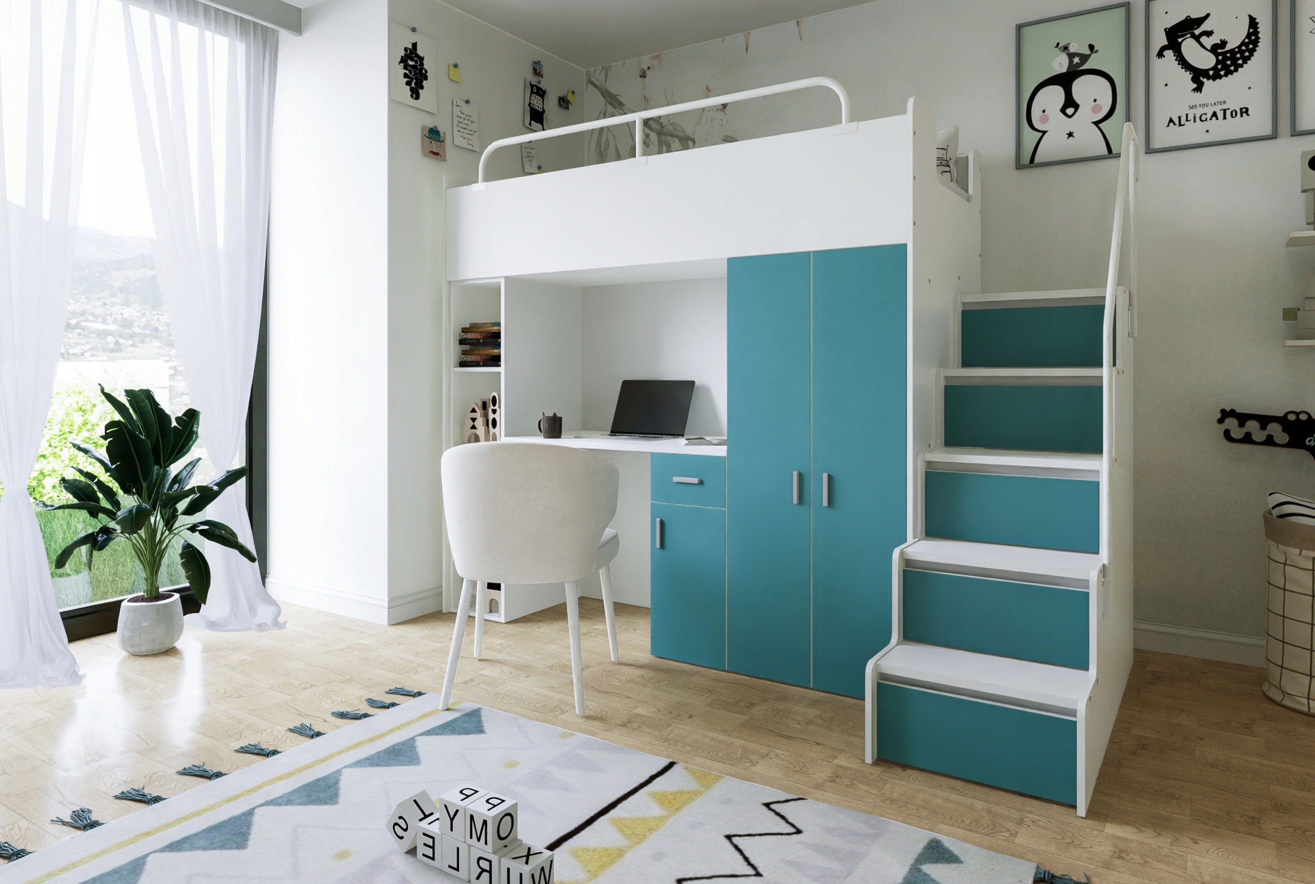 Łóżko piętrowe JSM4 z biurkiem 90x200 szary mat + materac Gratis!