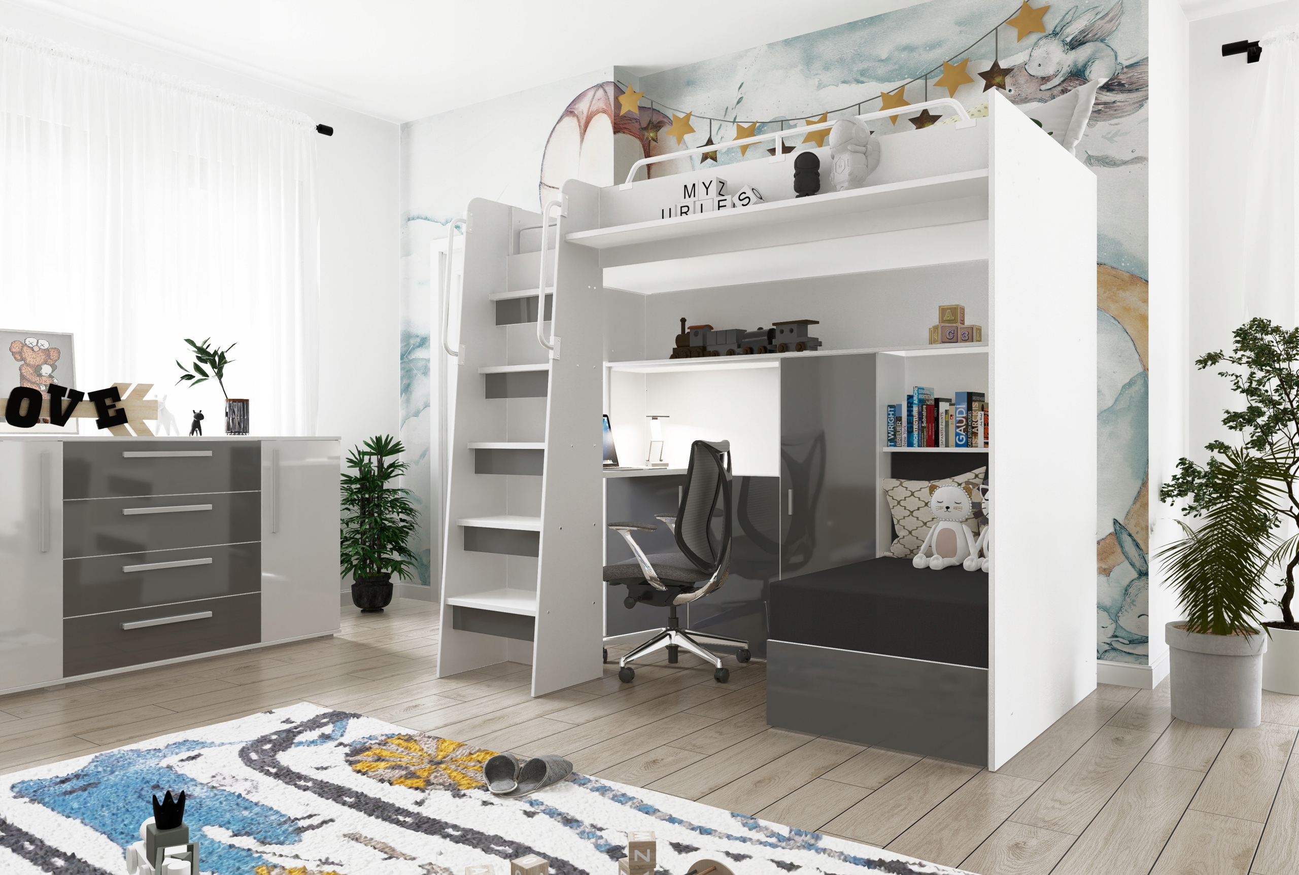 Łóżko piętrowe JSM7 z sofą i biurkiem połysk + materac grafitowe