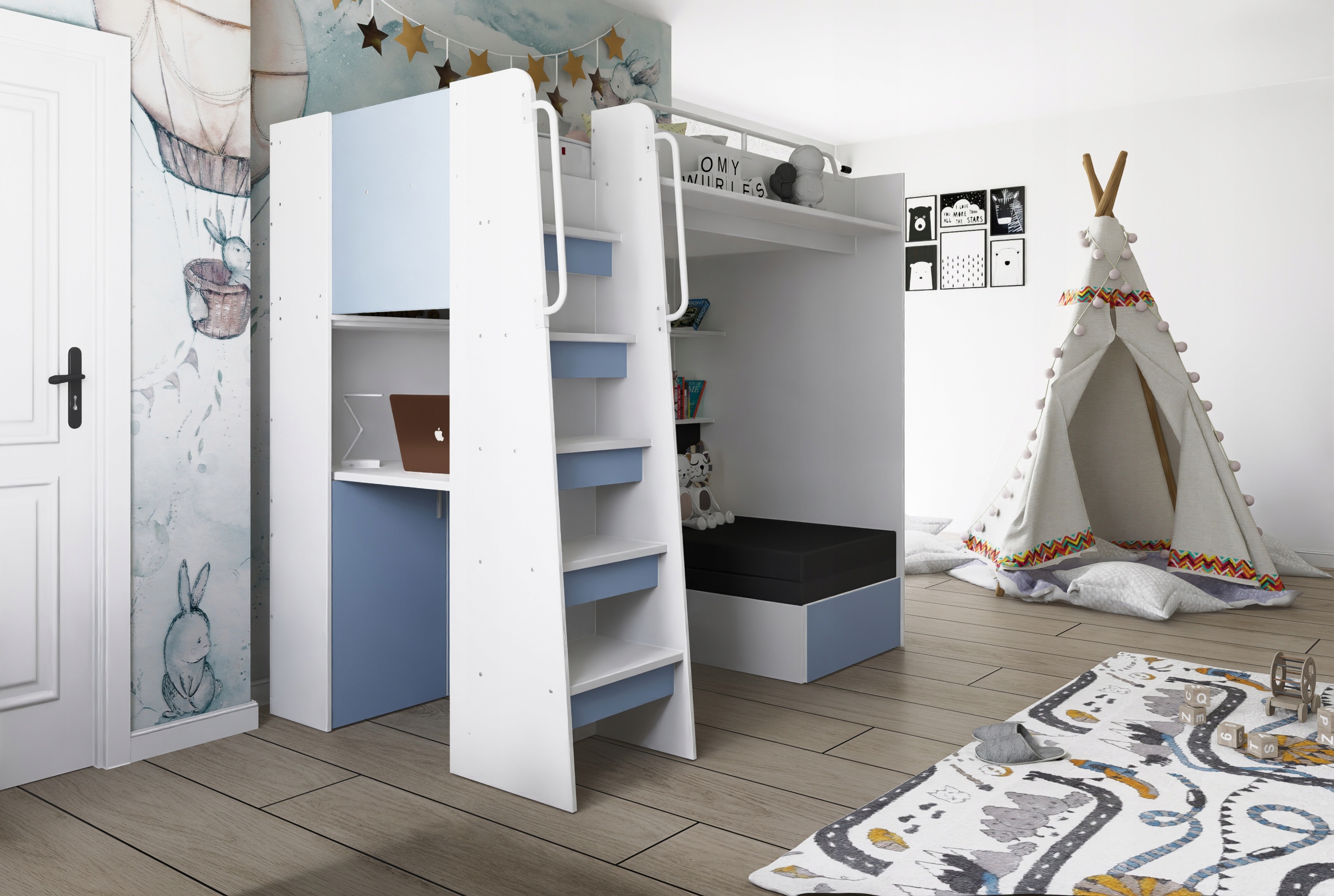 Łóżko piętrowe JSM7 z sofą i biurkiem granatowe + materac Elena