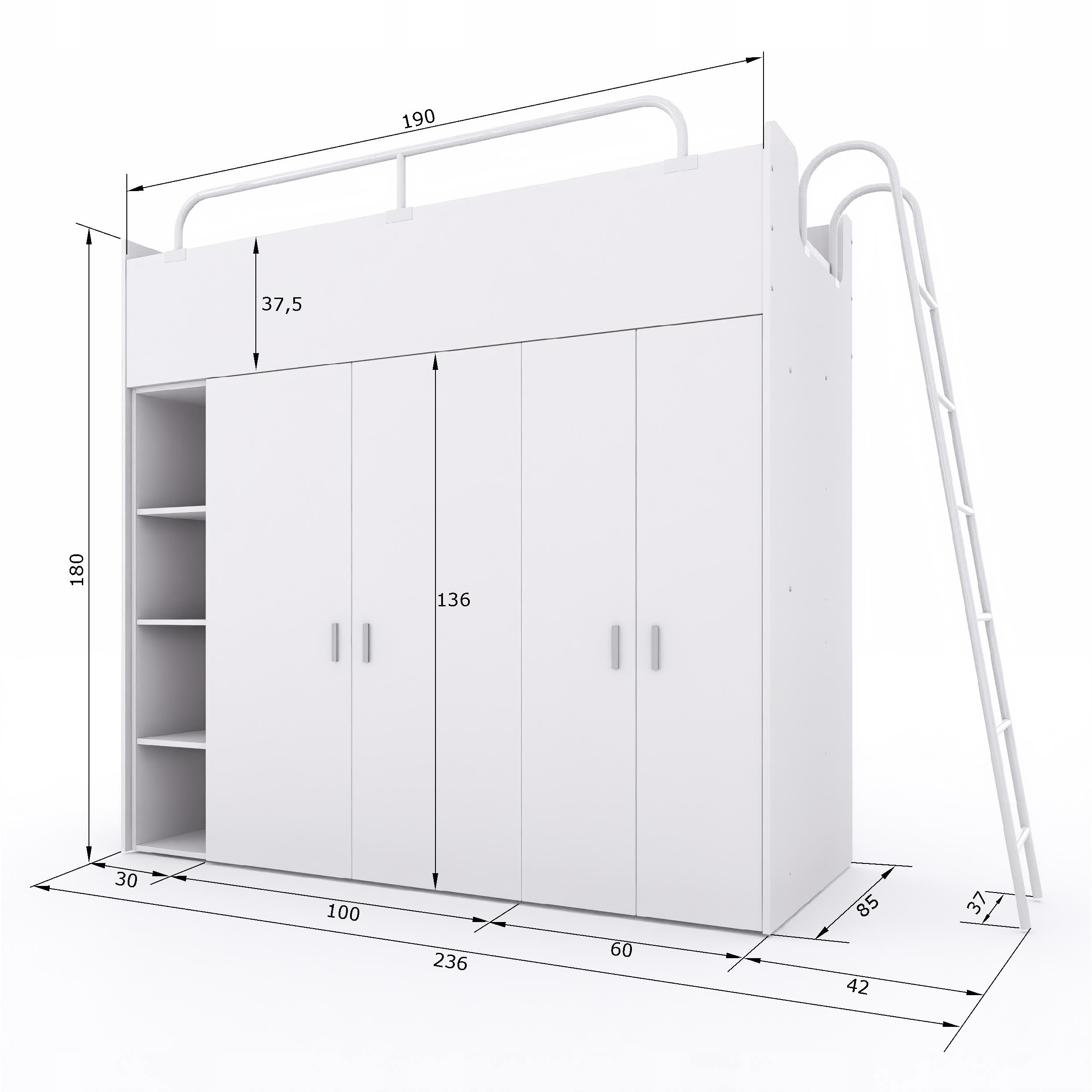 Łóżko piętrowe JSM2 z drabinką i 2 szafami biały mat