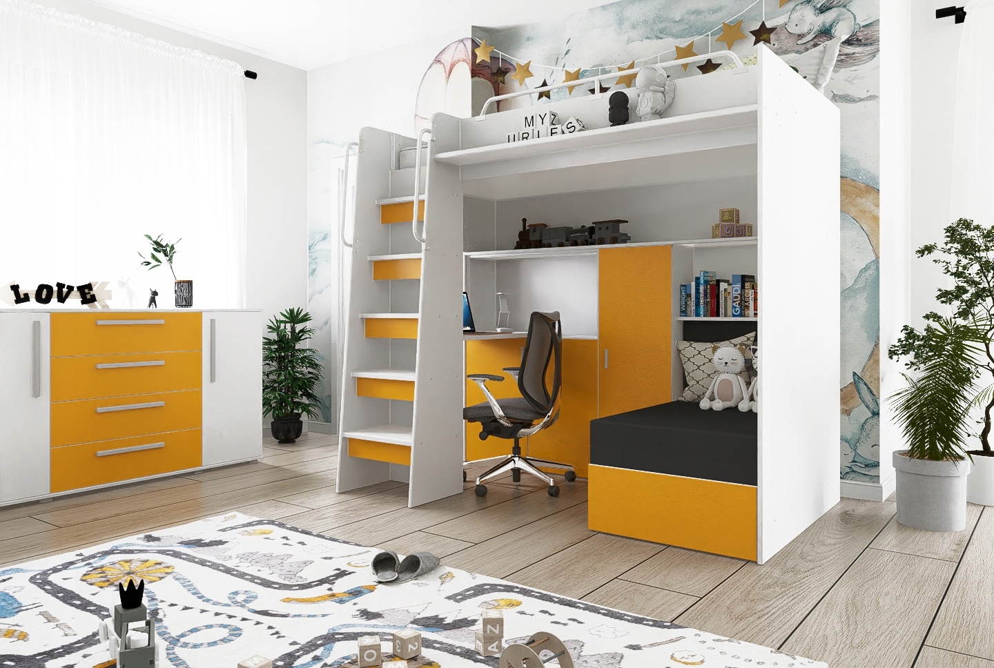 Łóżko piętrowe JSM7 z sofą i biurkiem biały mat