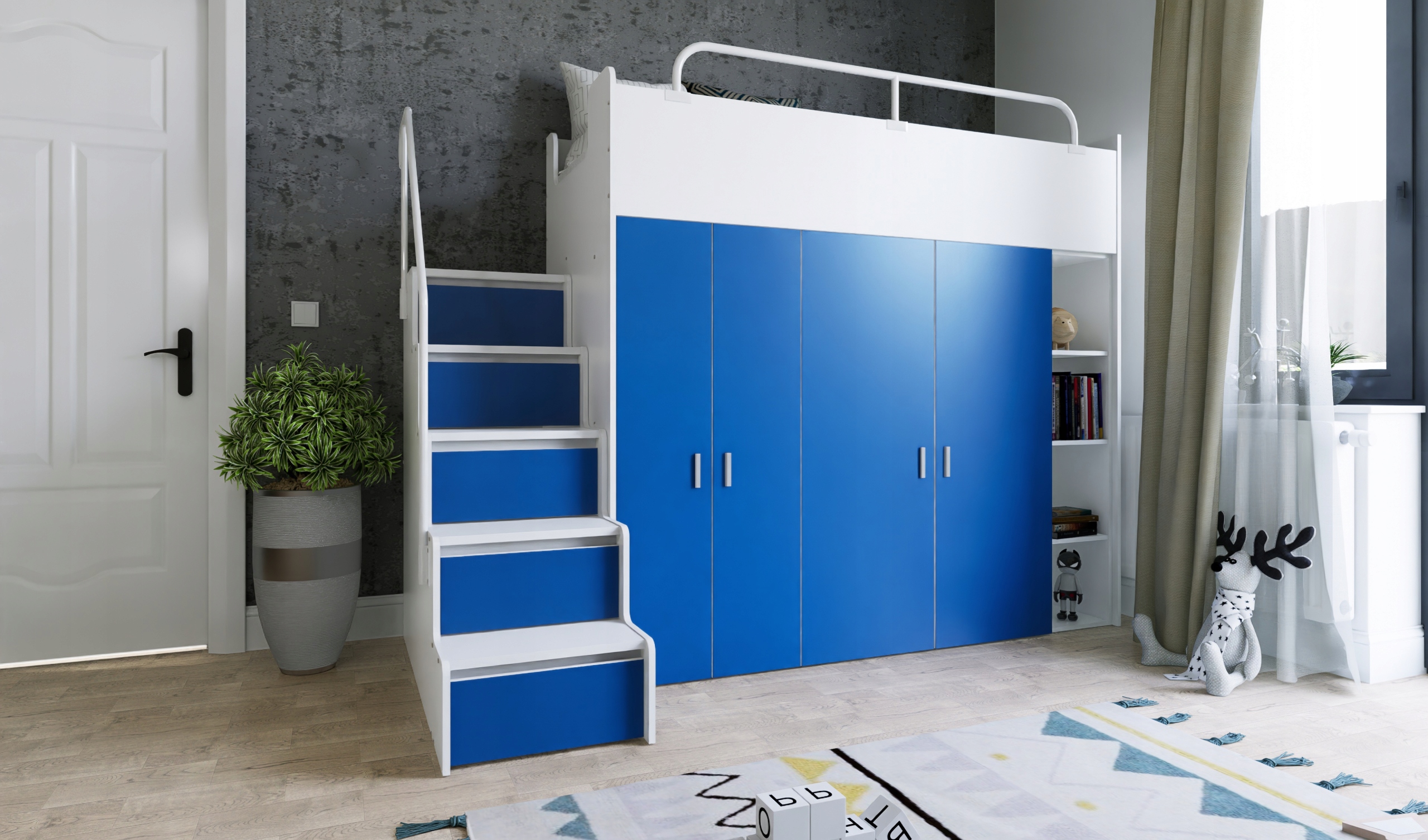 Łóżko piętrowe JSM2 90x200 + duża szafa i otwarty regał szary kolor