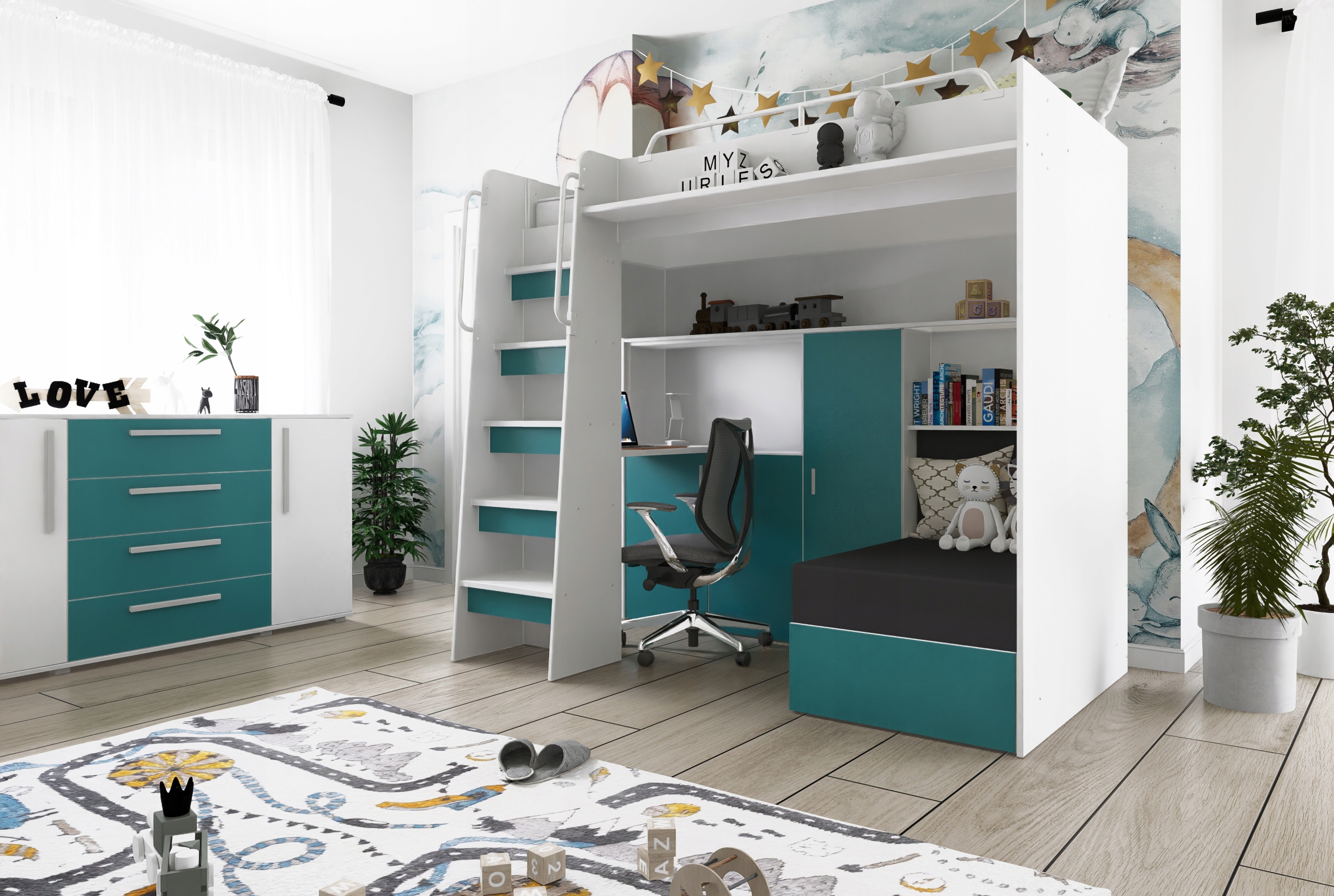 Łóżko piętrowe JSM7 z sofą i biurkiem biały mat + materac Radomenes