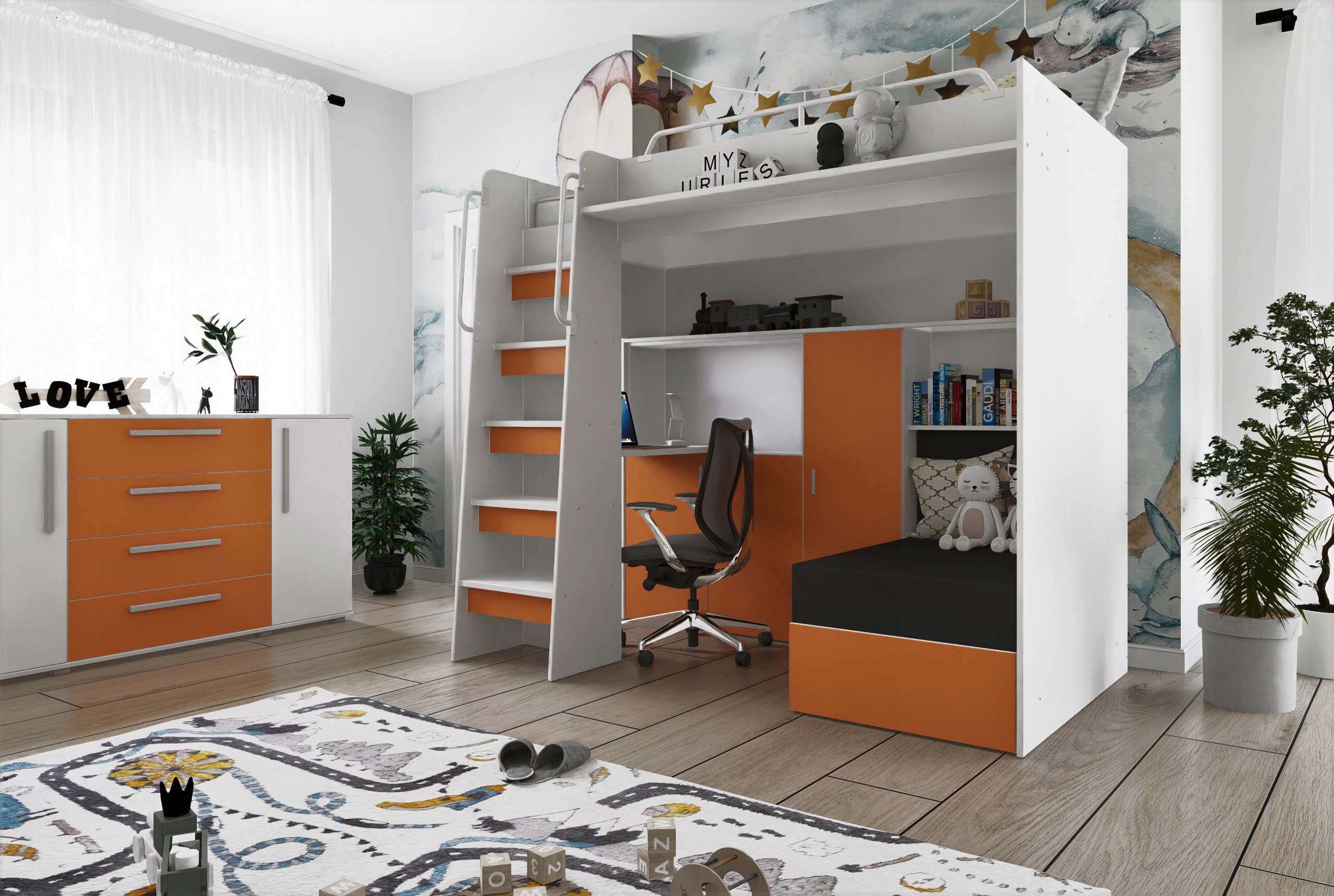 Łóżko piętrowe JSM7 z sofą i biurkiem granatowe + materac Elena