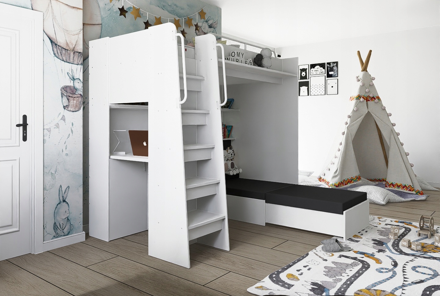 Łóżko piętrowe JSM7 z sofą i biurkiem biały mat + materac Cezar K1