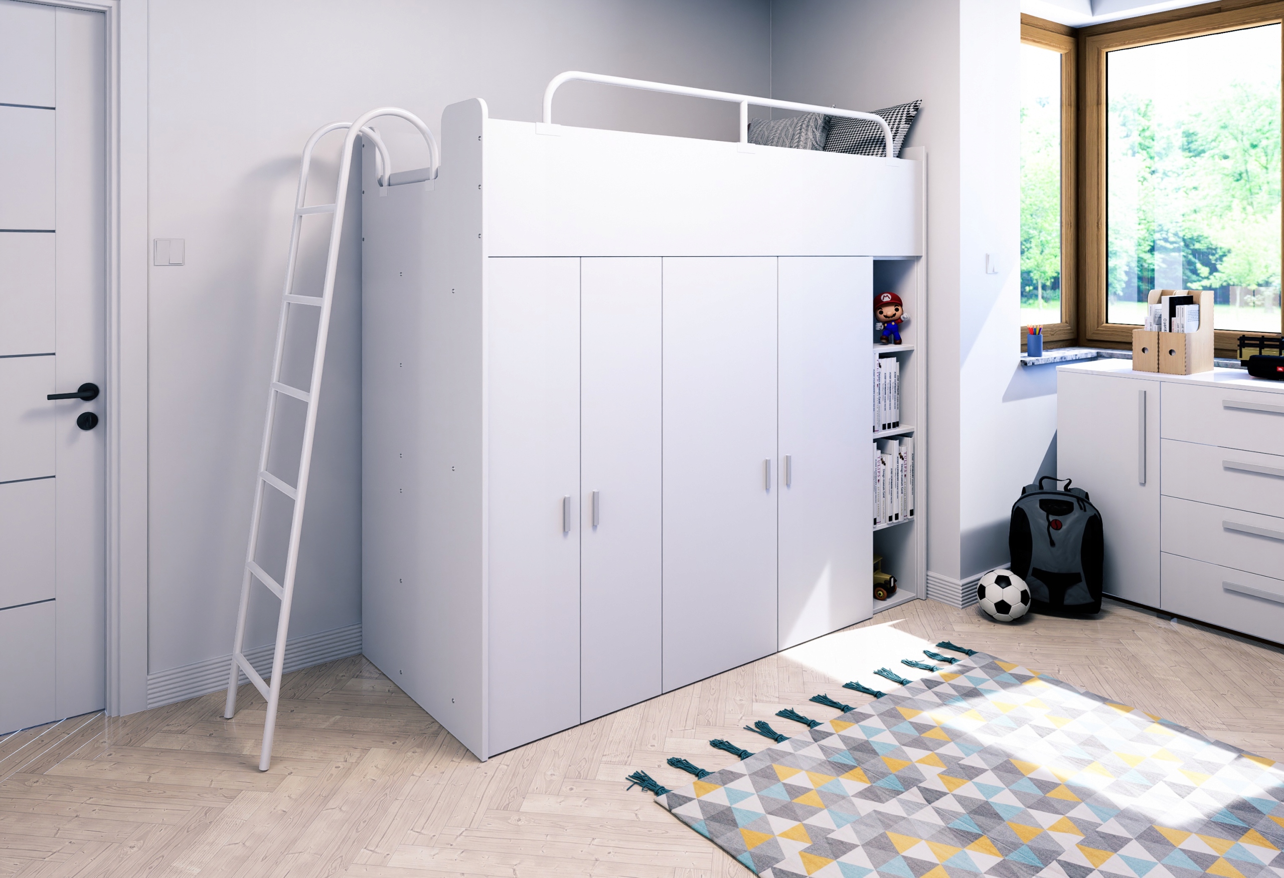 Łóżko piętrowe JSM2 z drabinką i 2 szafami biały mat