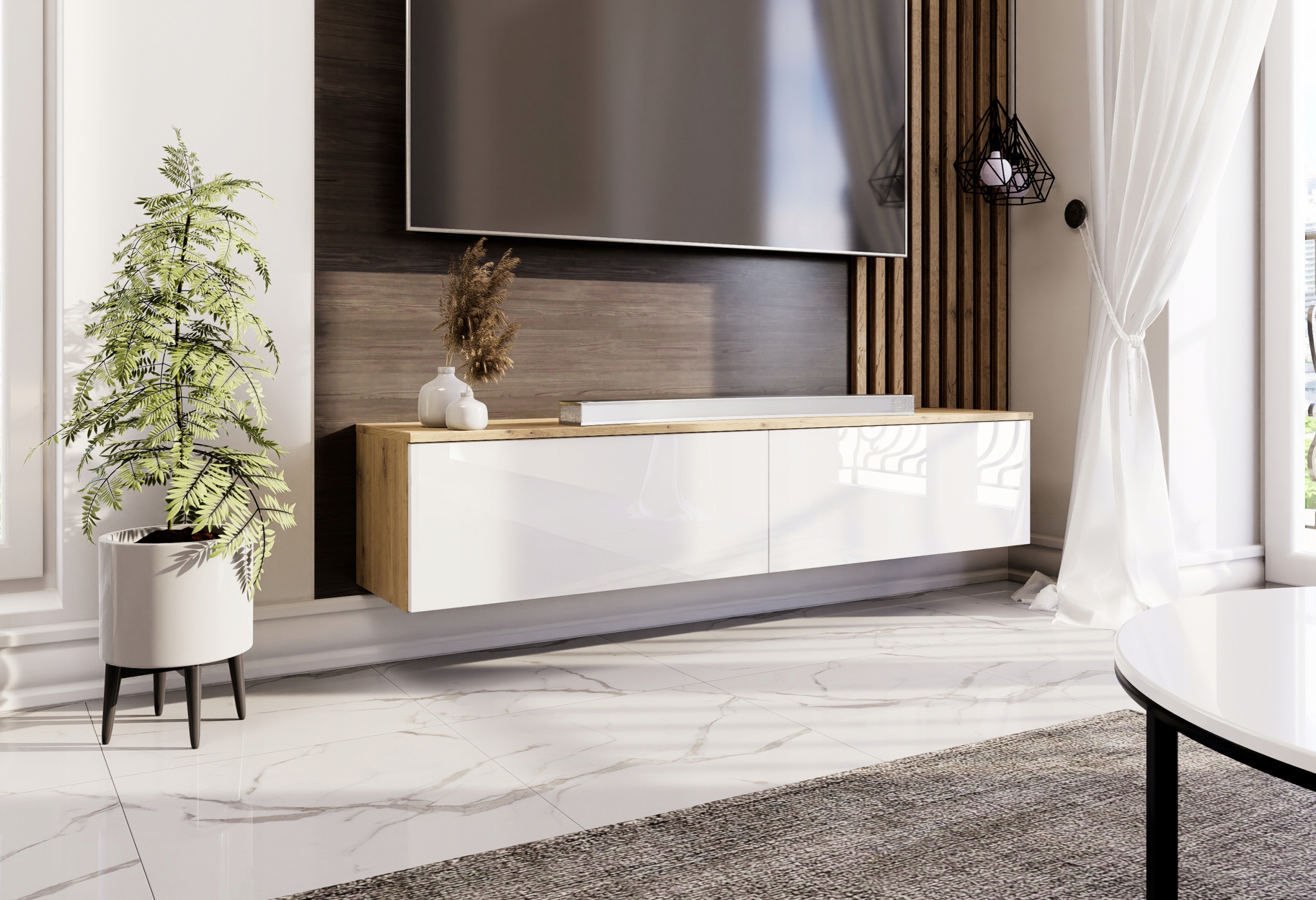 Wisząca szafka RTV 150cm biała/dąb artisan