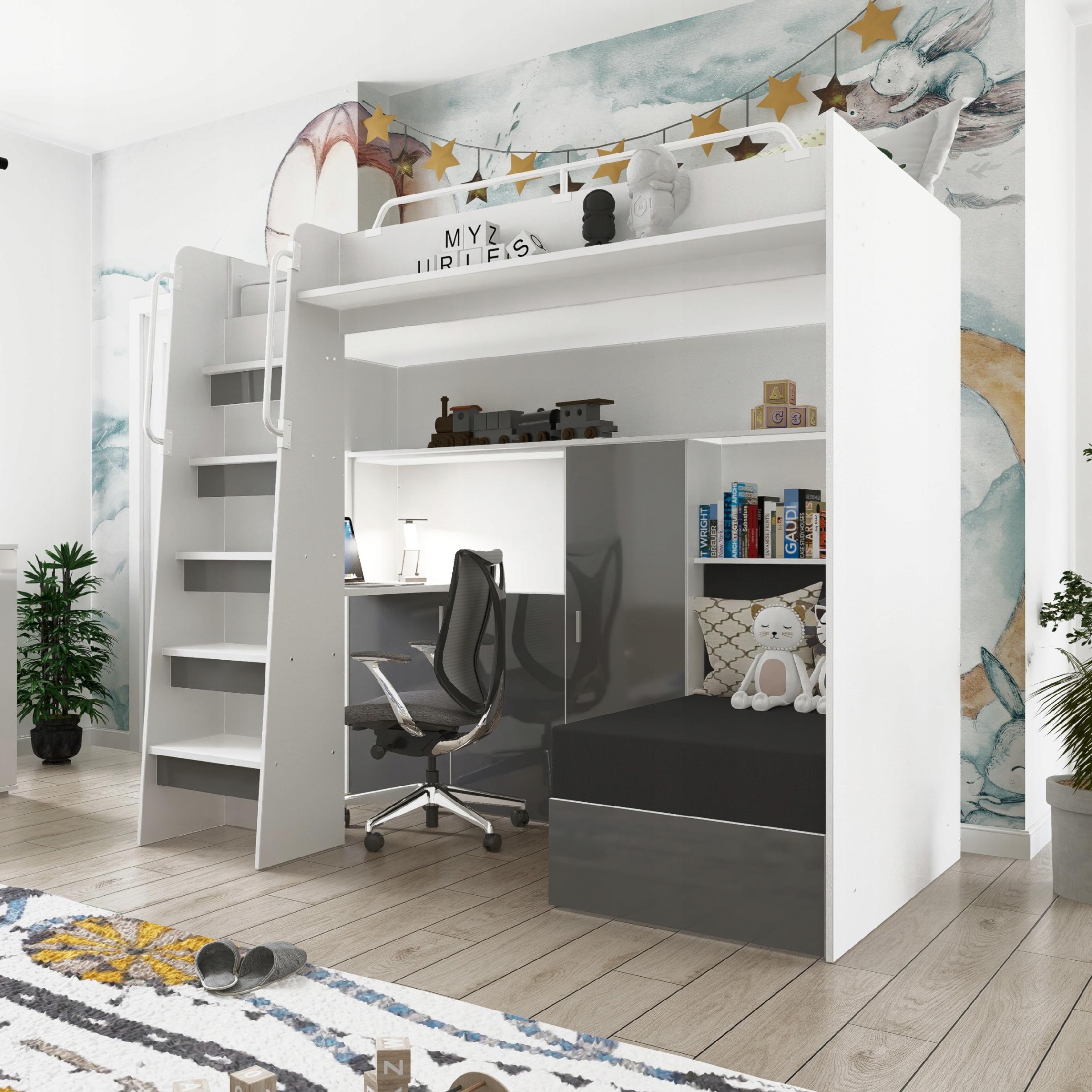 Łóżko piętrowe JSM7 z sofą i biurkiem połysk + materac grafitowe