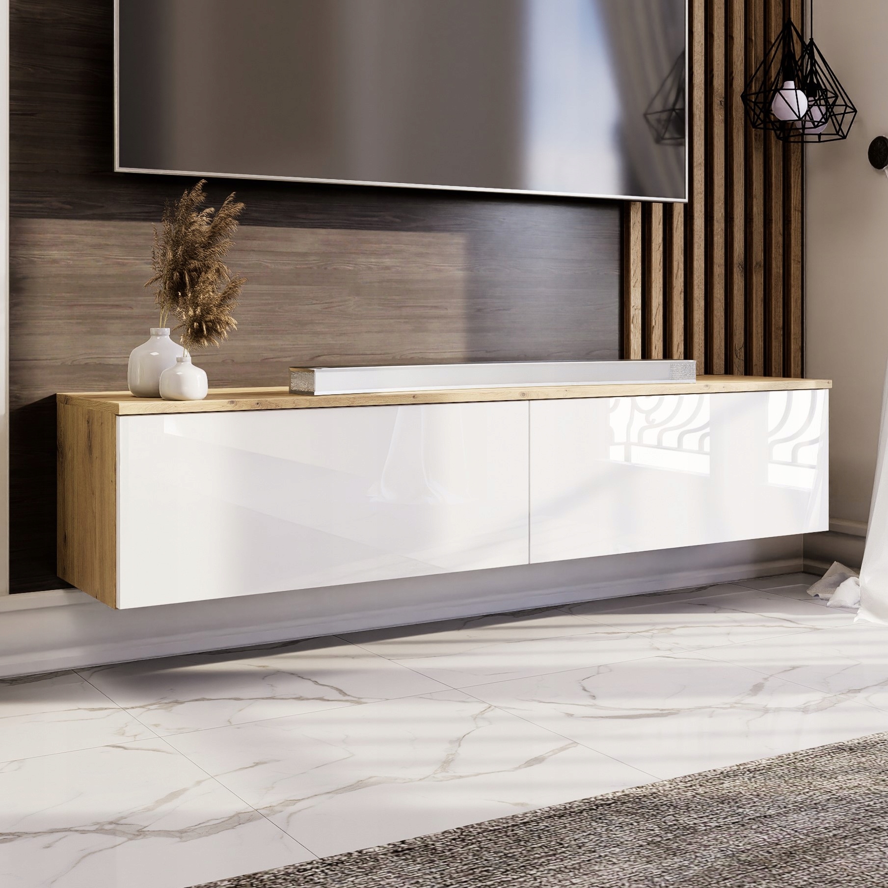 Wisząca szafka RTV 150cm biała/dąb artisan