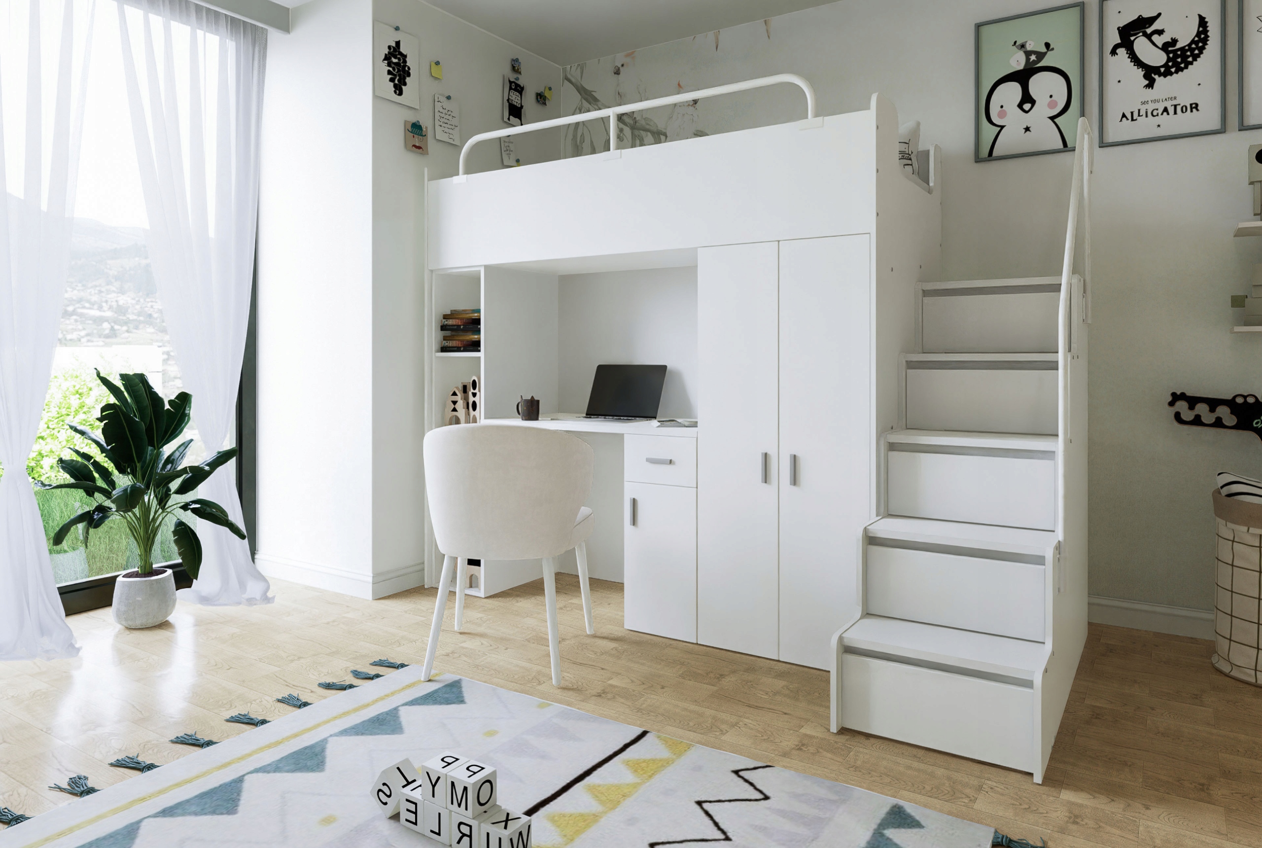 Łóżko piętrowe JSM4 80x190 z biurkiem pomarańcz + materac Cezar K1