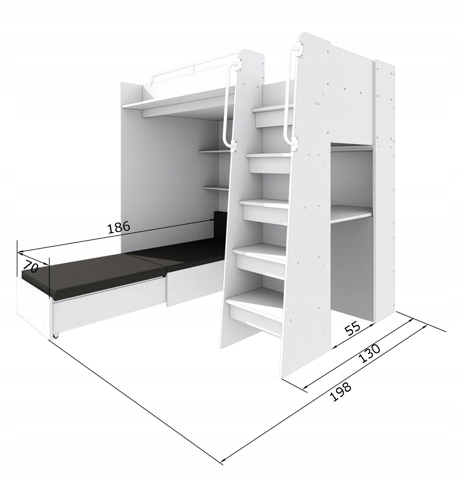 Łóżko piętrowe JSM7 z sofą i biurkiem biały mat + materac Radomenes