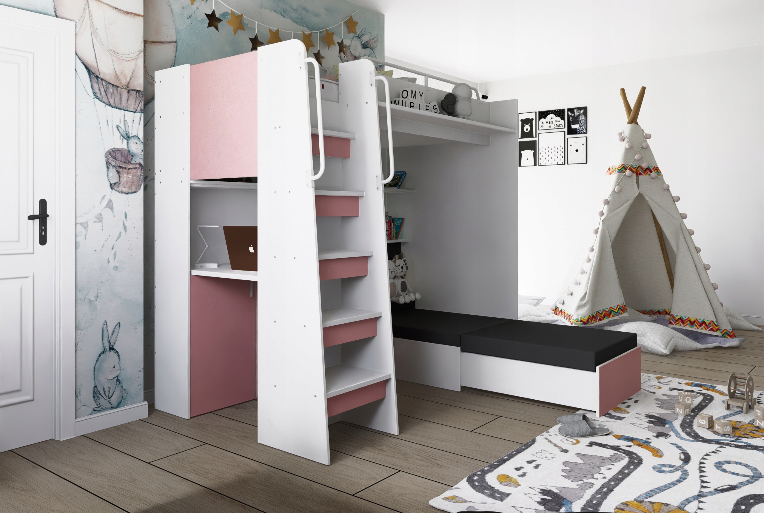 Łóżko piętrowe JSM7 z sofą i biurkiem biały mat + materac Cezar K1