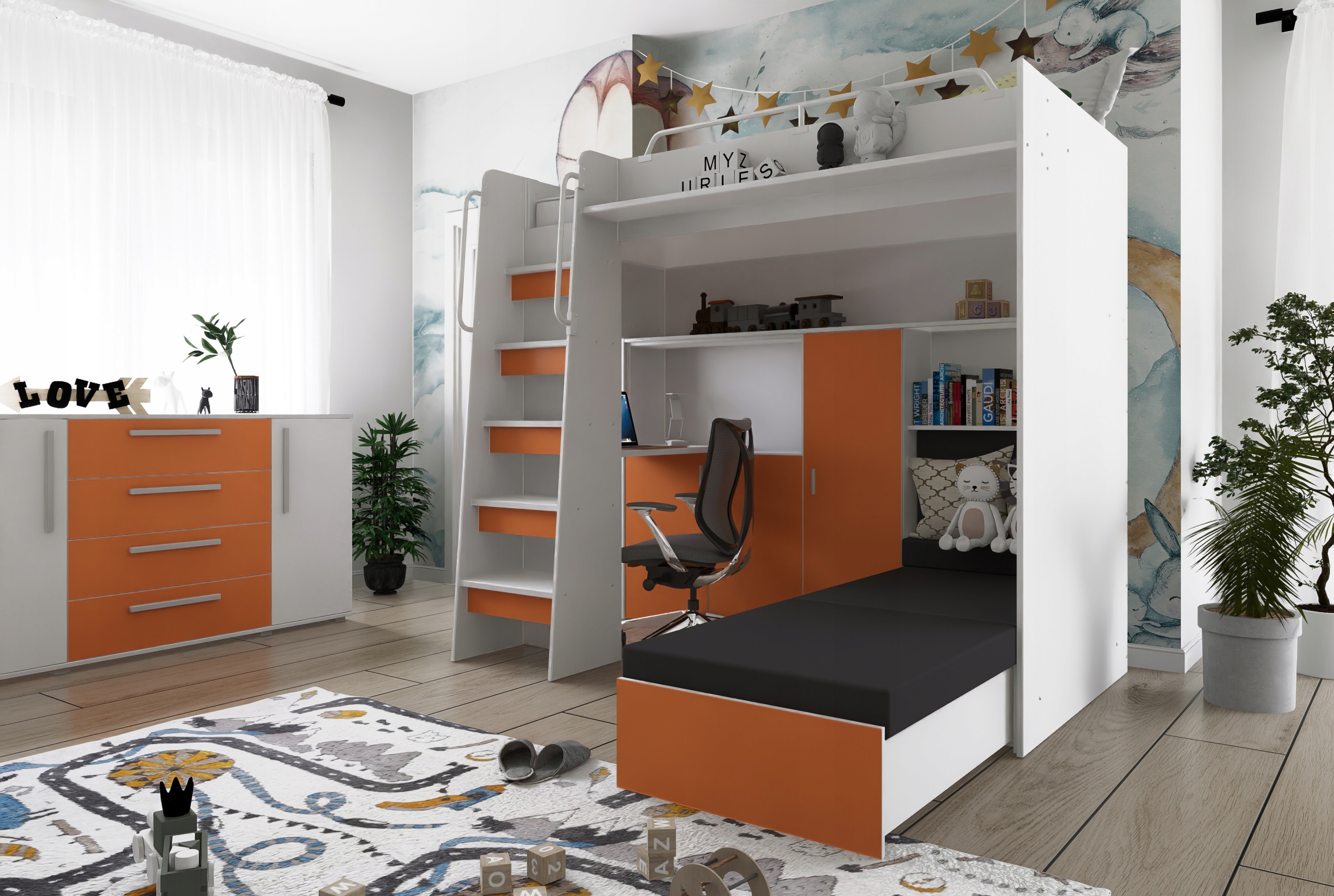 Łóżko piętrowe JSM7 z sofą i biurkiem biały mat + materac Radomenes