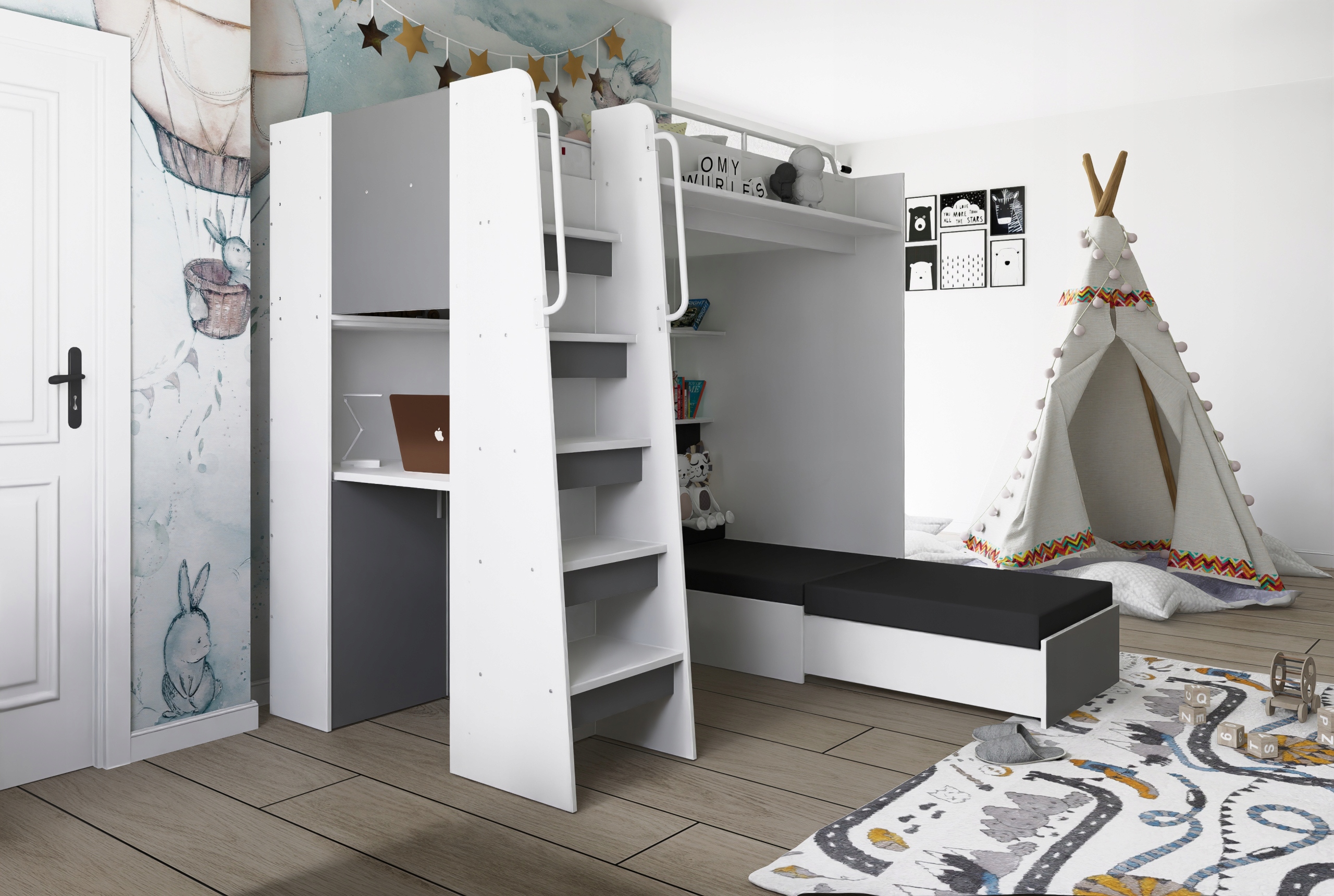 Łóżko piętrowe JSM7 z sofą i biurkiem biały mat + materac Cezar K1