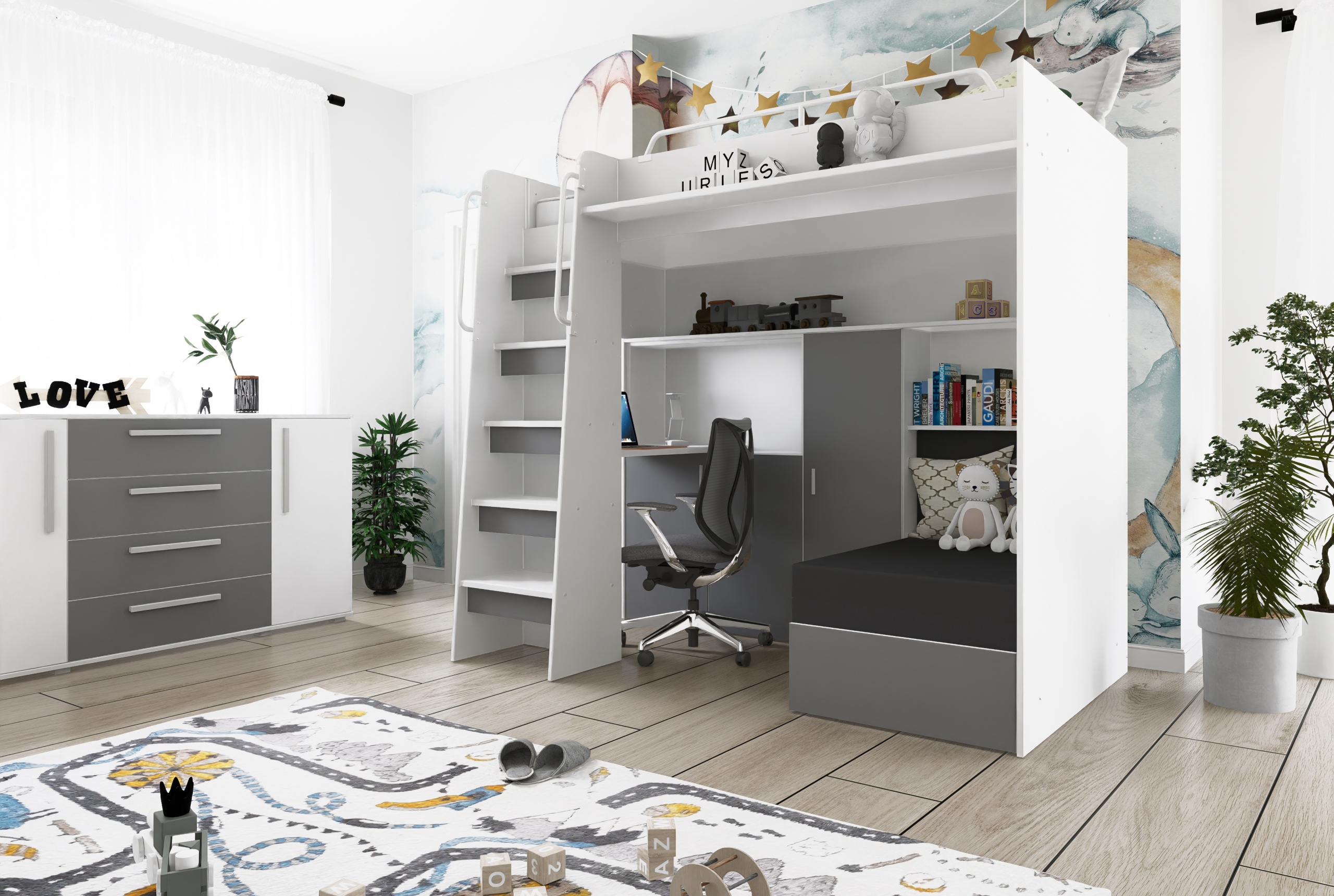 Łóżko piętrowe JSM7 z sofą i biurkiem biały mat + materac Gratis!