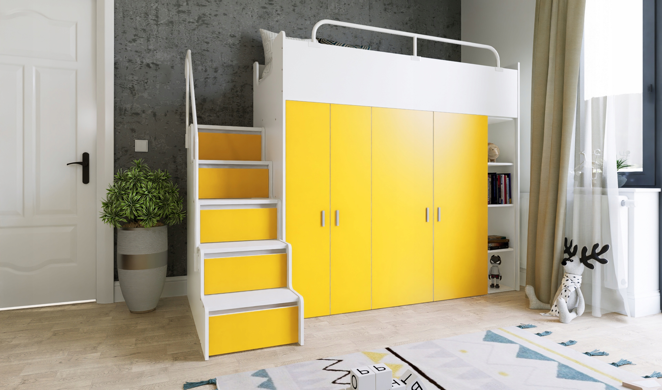 Łóżko piętrowe JSM2 90x200 + duża szafa i otwarty regał szary kolor