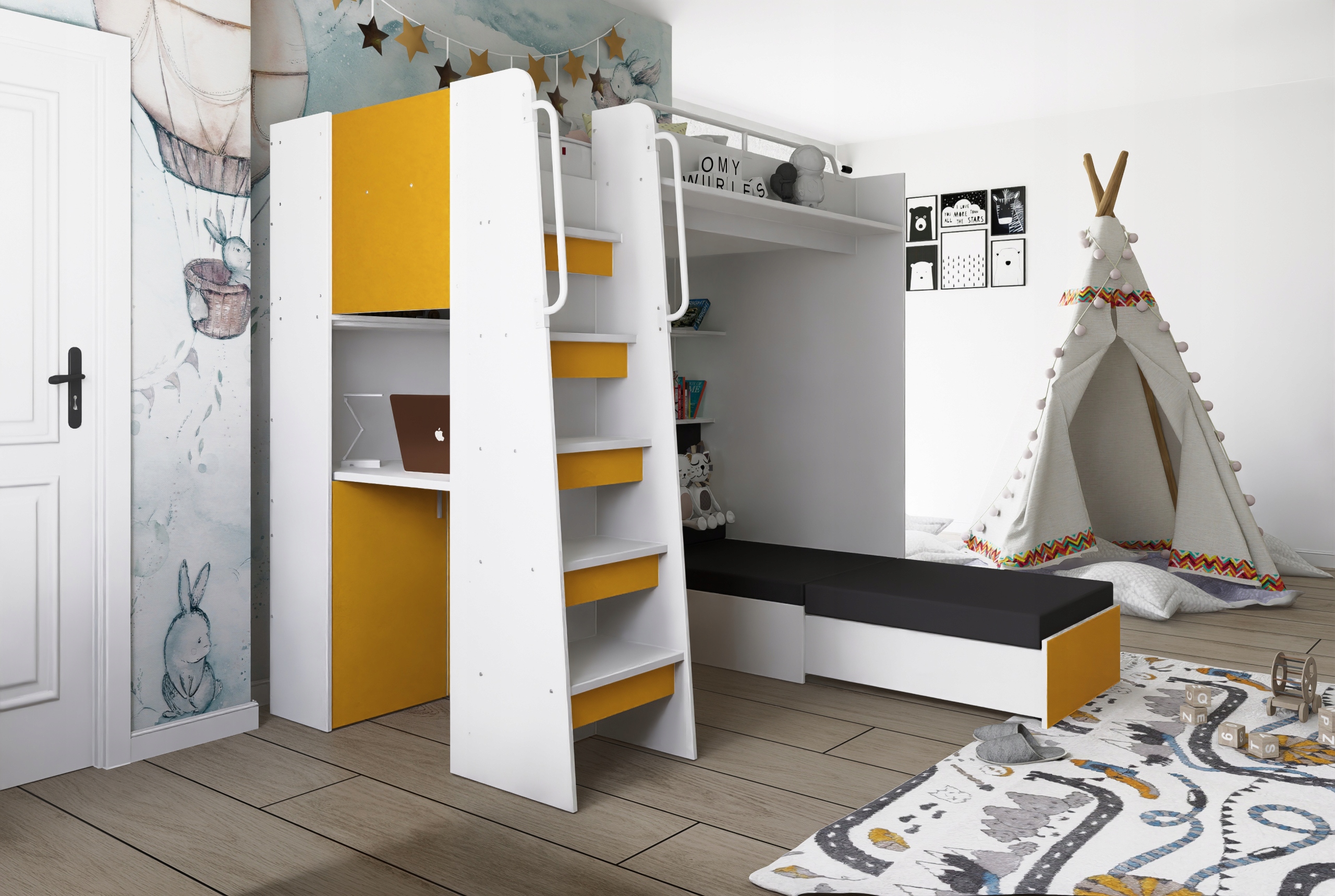 Łóżko piętrowe JSM7 z sofą i biurkiem biały mat + materac Gratis!